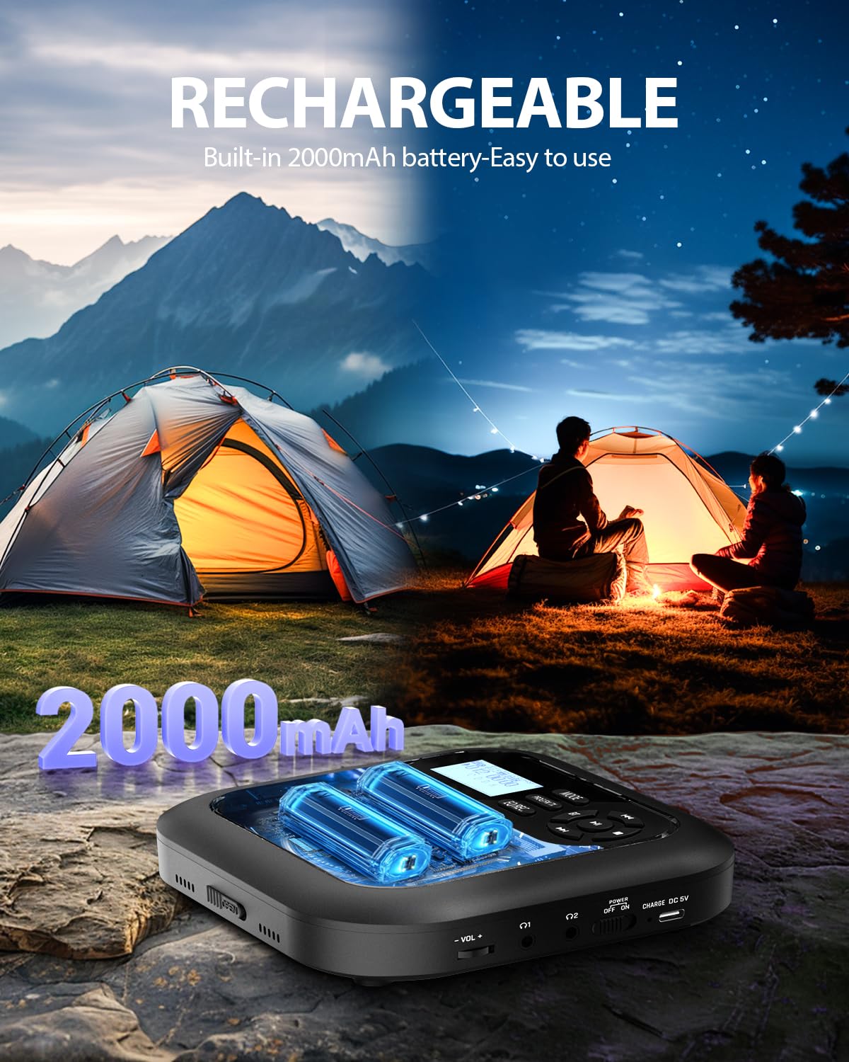 Portable Bluetooth CD Player with Built-in Speakers, Rechargeable Battery, FM Radio & AUX Input - Supports Headphones for Home, Car and Travel Use