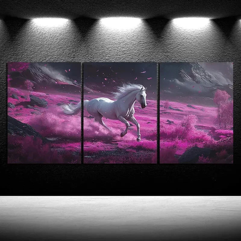 3-Piece Galloping Horse in Pink Grass Metal Wall Art - Ready to Hang Home Decor for Living Room, Bedroom & Office