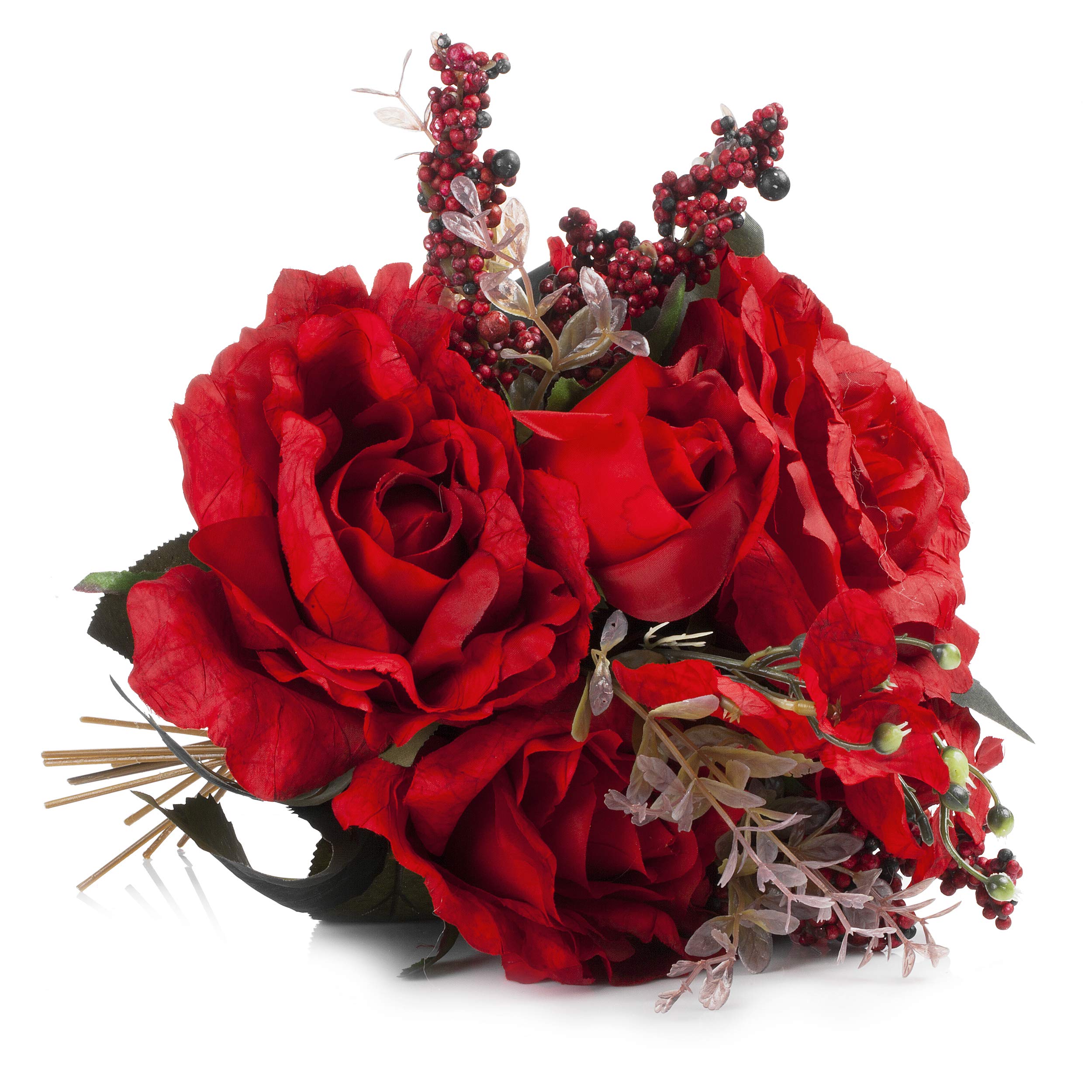 ENOVA HOME Mixed Silk Rose Flower Arrangement in Glass Vase with Faux Water & River Stones - Elegant Home Decor, Wedding Centerpiece, Table Decoration for Living Room, Dining Table & Events (Red)