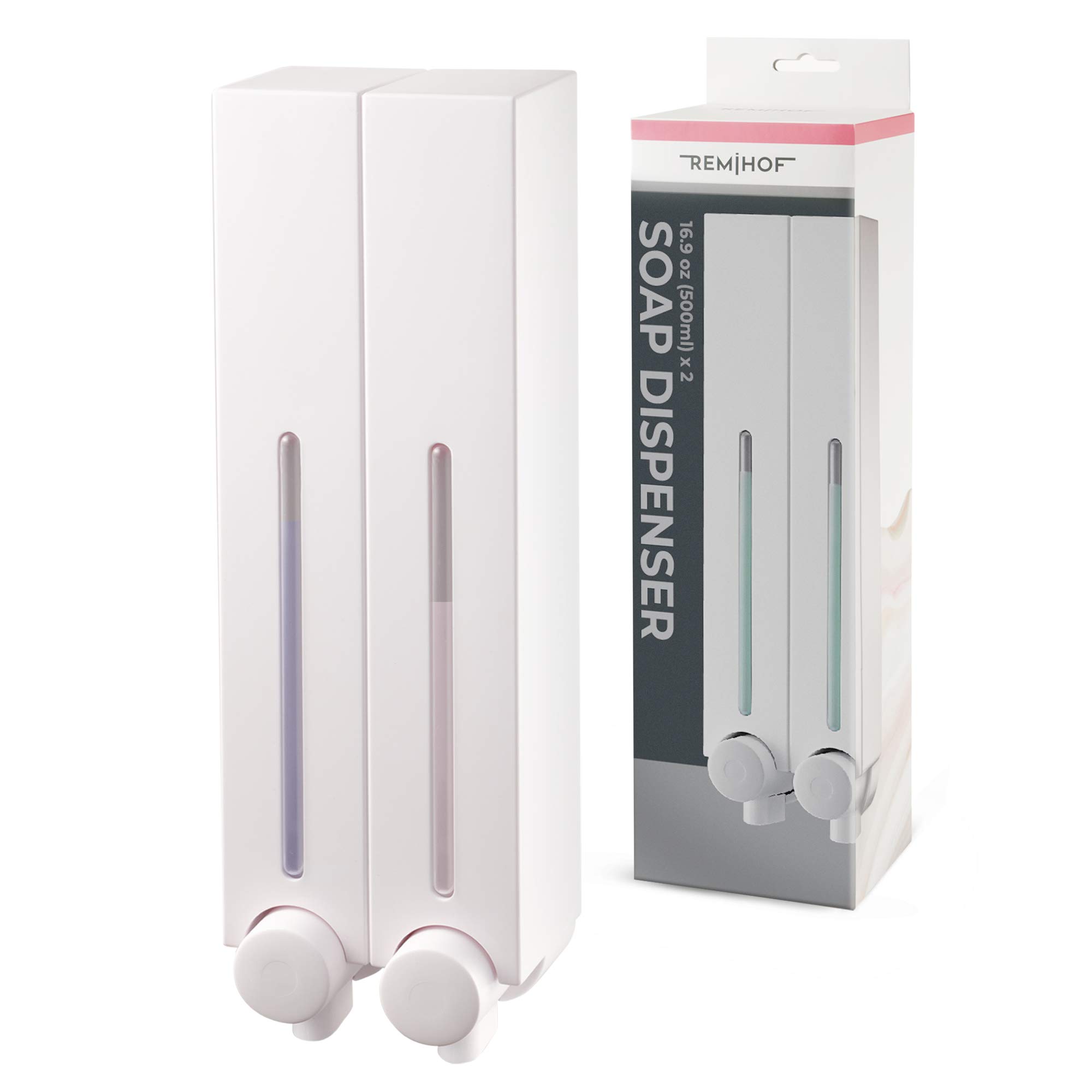 REMIHOF 500ml (16.9oz) Dual Chamber Wall Mounted Shampoo Dispenser - Holds Shampoo, Conditioner, Body Wash & Lotion - White (Soap Not Included) - Perfect for Bathroom, Shower & Spa Organization