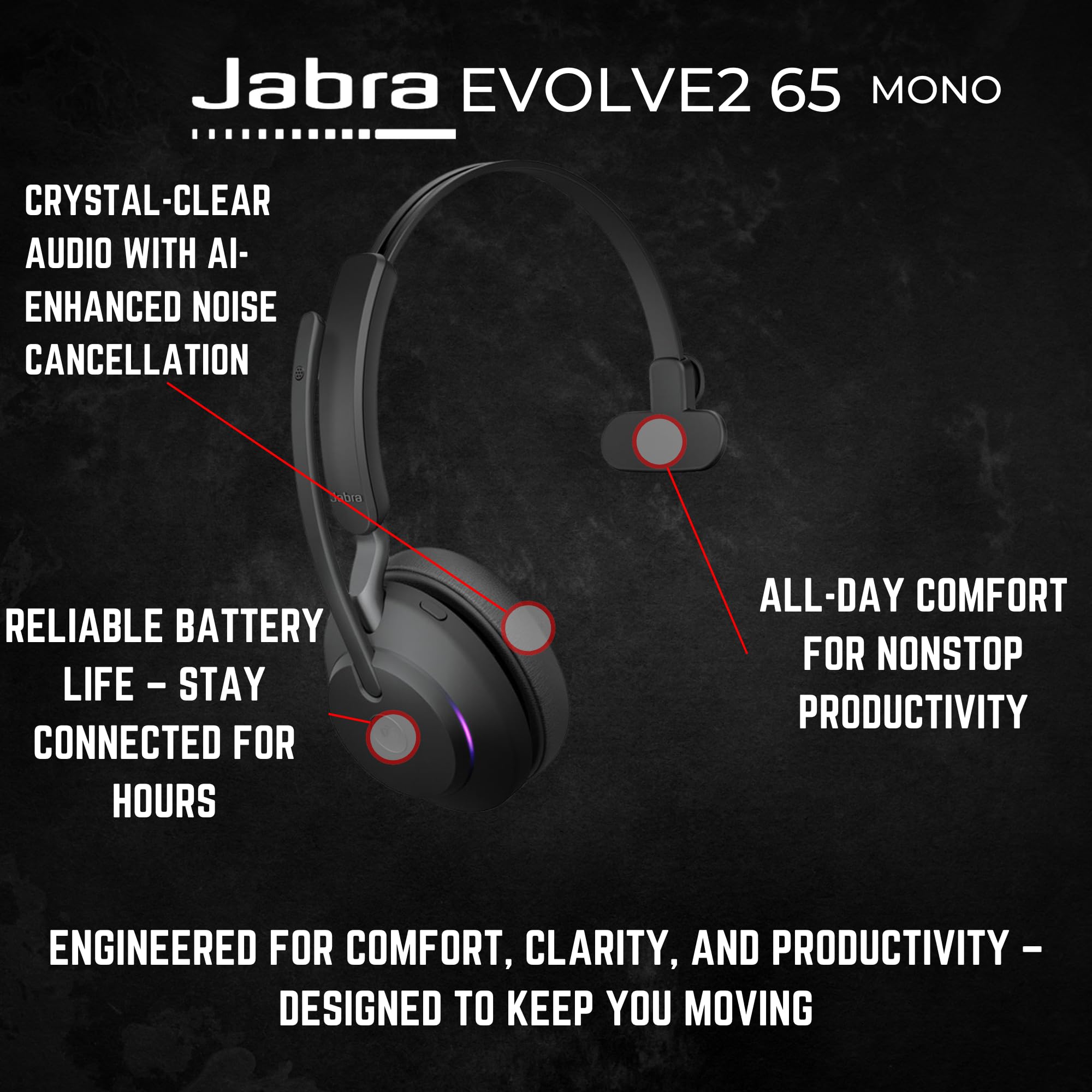 Jabra Evolve2 65 Wireless Mono Bluetooth Headset with Dongle - Compatible with Zoom, Webex, Smartphones, Tablets, PC & Mac - Includes GTW Mobile Wallet & Global Teck Gold Support Plan - Perfect for Remote Work, Online Meetings & Business Calls