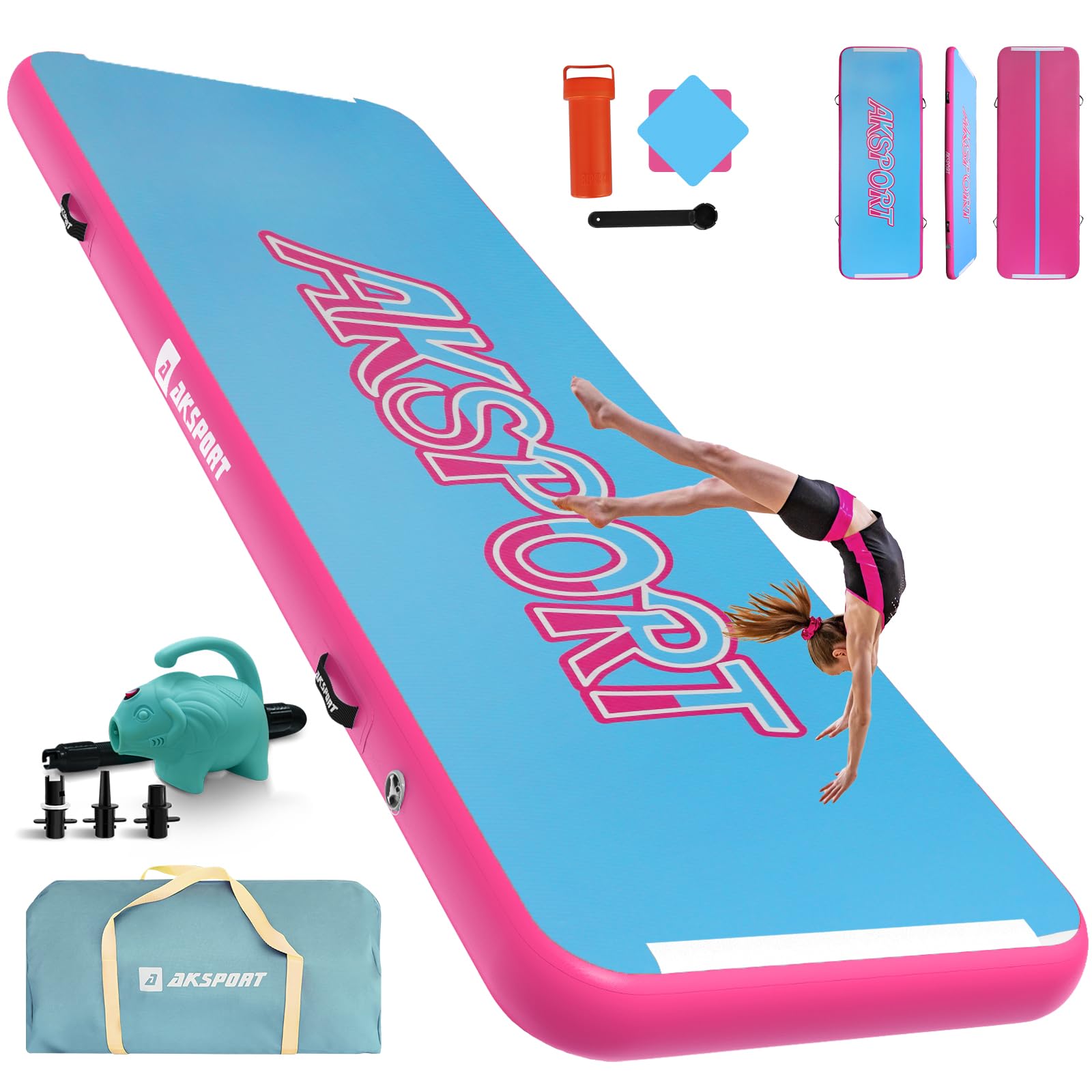 AKSPORT Inflatable Gymnastics Mat Tumble Track - 10ft, 13ft, 16ft, 20ft, 23ft Air Tumbling Mat with Pump for Home Gym, Cheerleading, Yoga & Kids Play - Portable Training Mat for Indoor/Outdoor Use