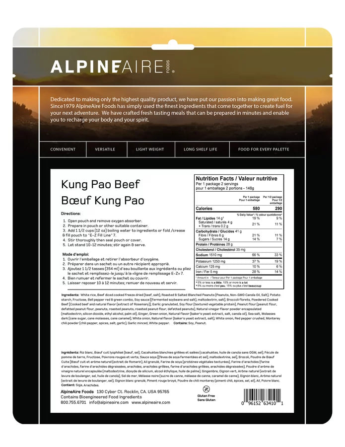 AlpineAire Kung Pao Beef Freeze Dried Meal - Lightweight Backpacking Food, Emergency Camping Supplies & Survival Rations - Perfect for Hiking, Outdoor Adventures & Emergency Preparedness