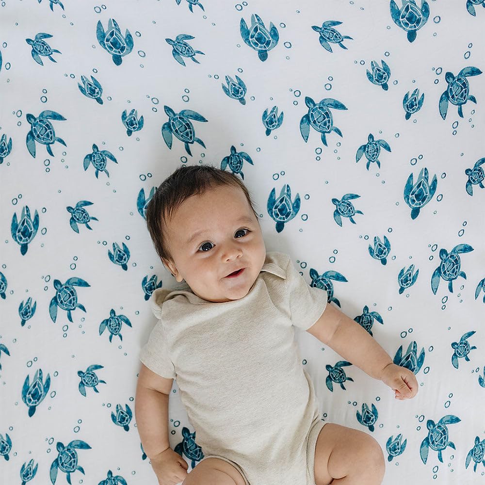 Bebe au Lait Oh So Soft Cotton Blend Breathable Muslin Crib Sheet - Premium Baby Crib Fitted Sheet for Standard Crib Mattress | Hypoallergenic, Gentle on Skin | Nursery Bedding Essentials | Perfect for Newborns, Infants & Toddlers (Sea Turtle)