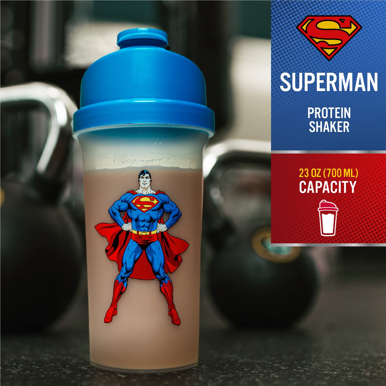 Official DC Comics Superman Protein Shaker Bottle - 23oz BPA-Free Fitness Blender Cup for Gym, Workouts & Superhero Fans - Perfect for Protein Shakes, Smoothies & Post-Workout Drinks