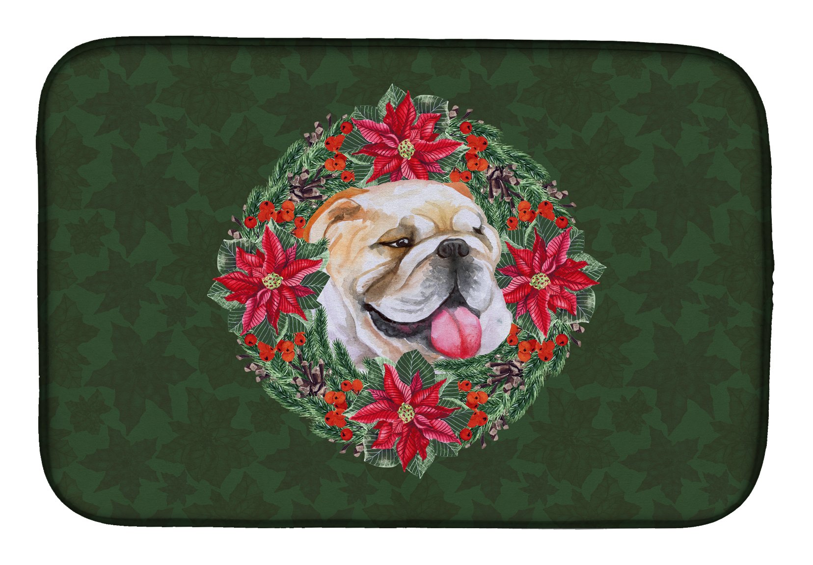 English Bulldog Poinsettia Wreath Dish Drying Mat - Absorbent Kitchen Counter Mat Pad for Dishes | 14 x 21 Inch Multicolor | Perfect for Holiday Decor & Countertop Protection