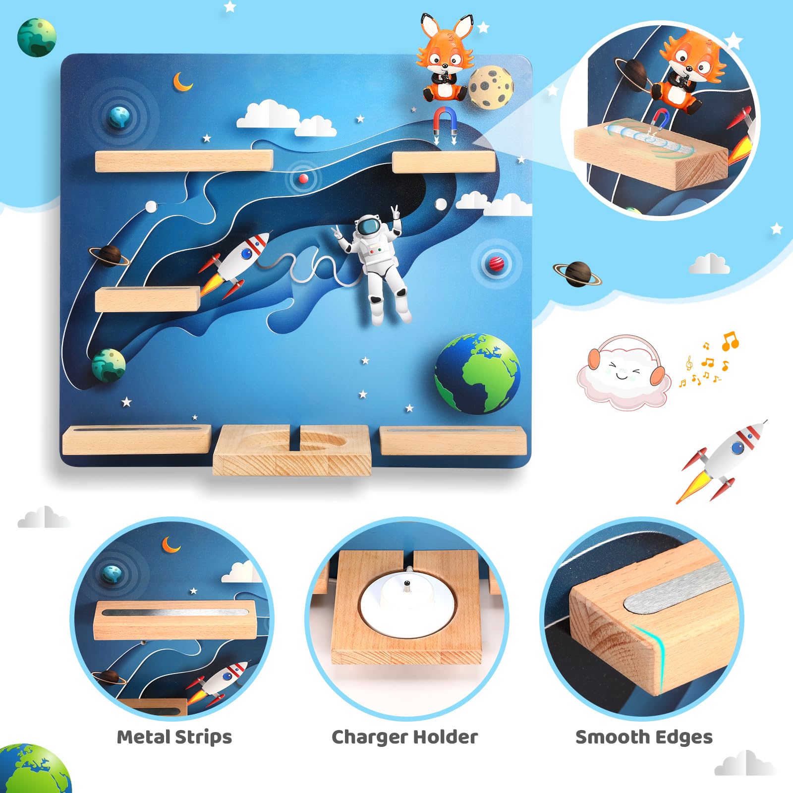 OUKNAK Floating Shelf for Toniebox - Wall Mount Magnetic Wooden Shelf with Carrying Case - Compatible with Tonie Audio Player & Figures - Perfect for Kids Room, Nursery Decor (Astronaut Theme) - Great for Organizing Toys & Displaying Collectibles