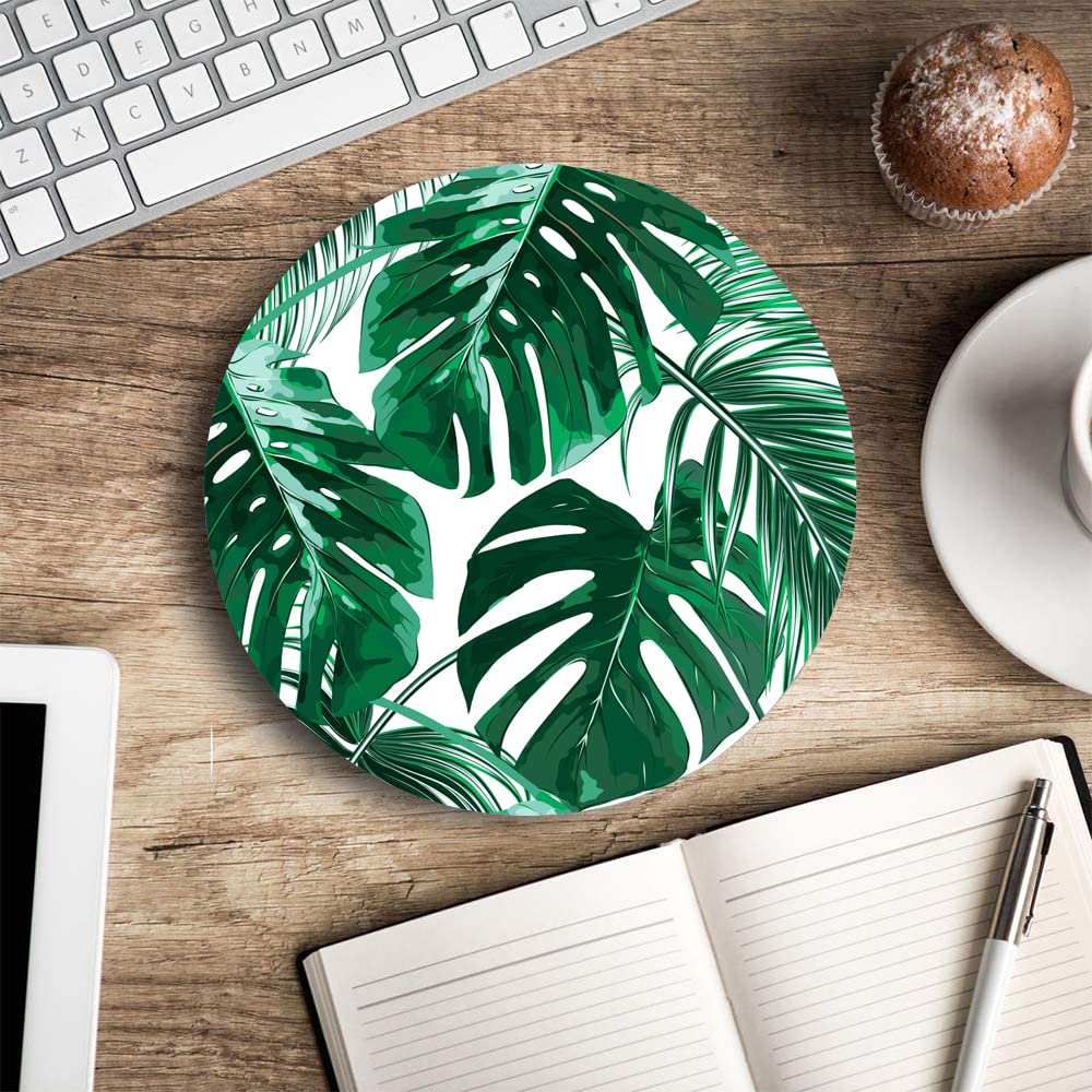 Premium Green Tropical Leaves Round Mouse Pad - Non-Slip Rubber Base, Washable Lycra Fabric, Ergonomic Desk Mat for Wireless Mouse - Perfect for Office, Gaming & Home Computer Setup