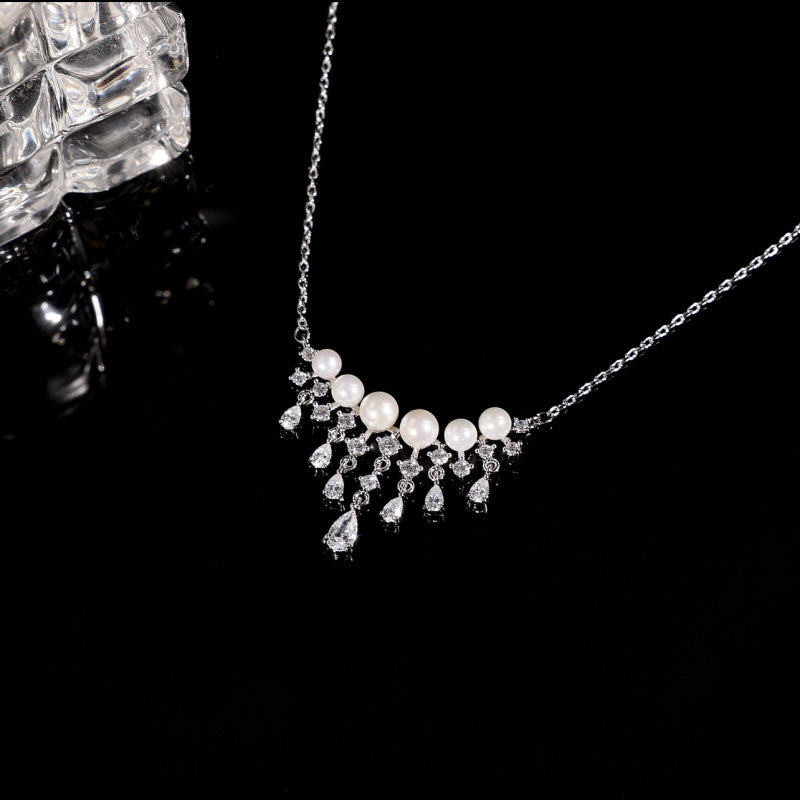 Elegant Pearl Waterfall Necklace with Sparkling Teardrop CZ Stones | R0308 | Perfect for Weddings, Parties & Special Occasions