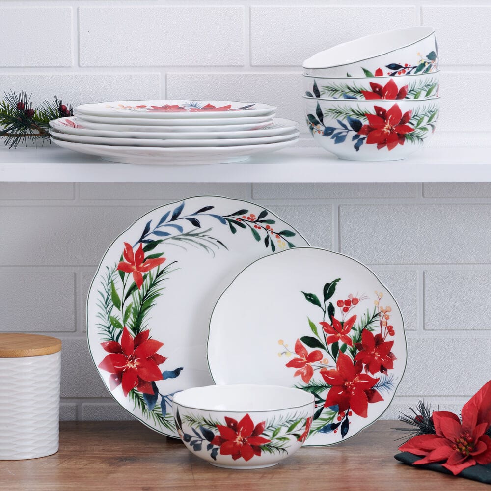 Merry Poinsettia 12-Piece Dinnerware Set - Service for 4 People - Elegant Holiday Tableware for Christmas Dinner & Festive Gatherings