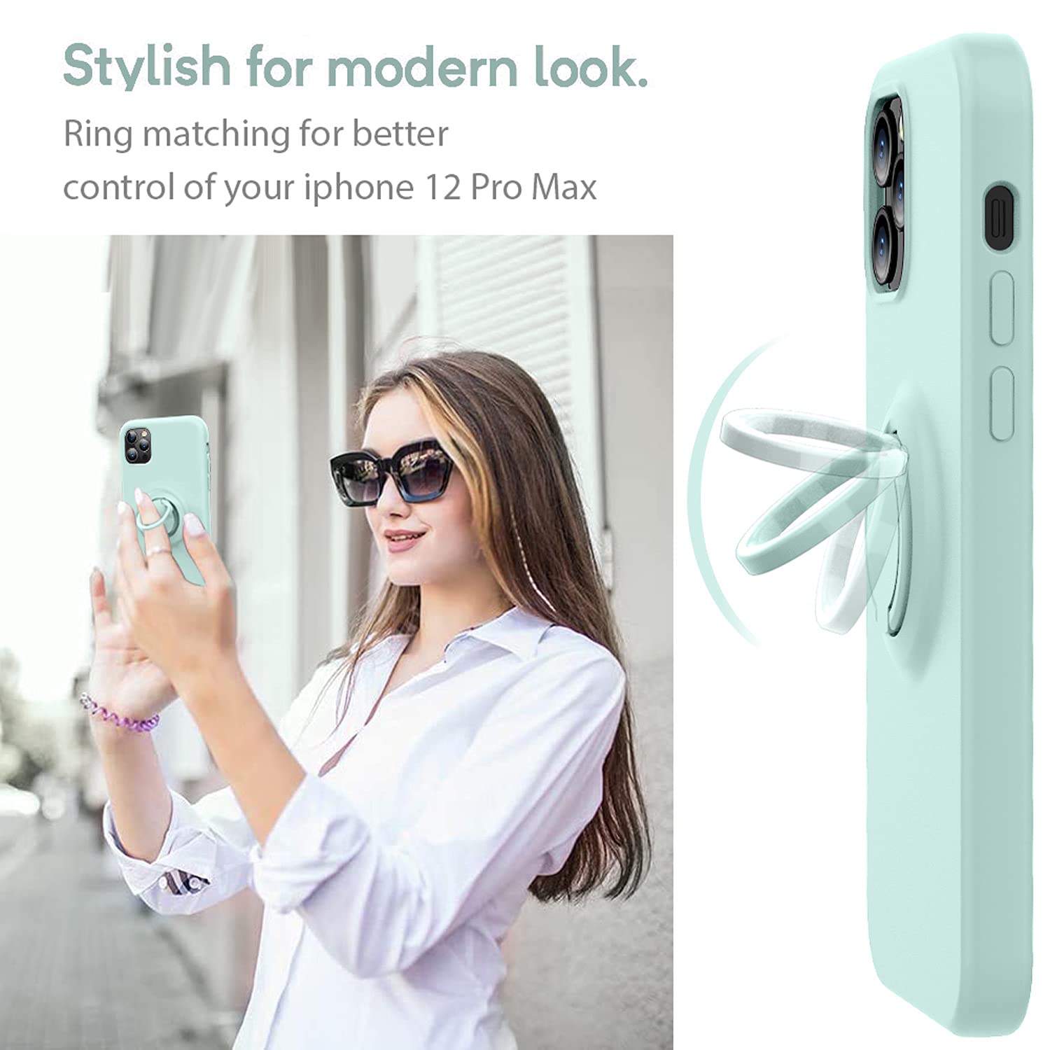 MOCCA iPhone 12 Pro Max Case 6.7 inch with Ring Kickstand & Shockproof Protection | Soft Microfiber Lining | Anti-Scratch Full Body Cover (Mint Green) - Perfect for Work, Travel & Everyday Use