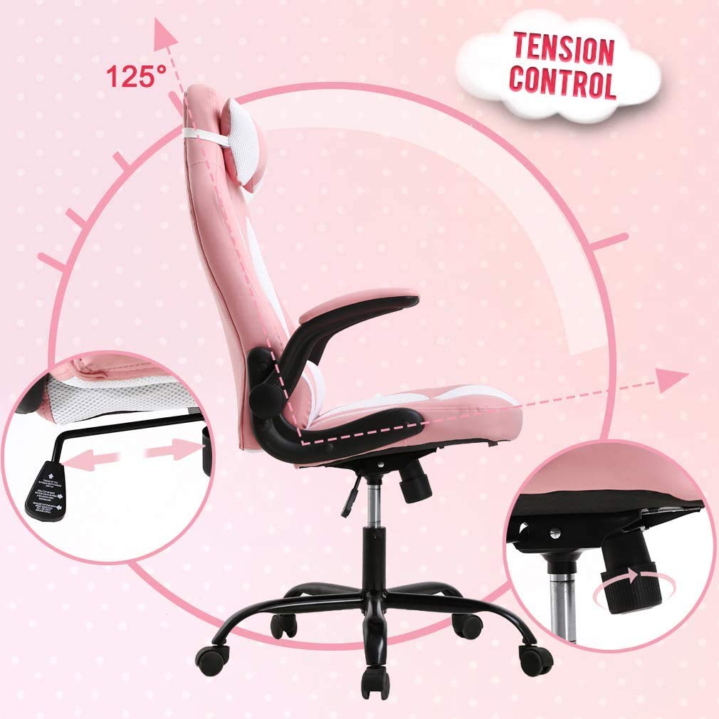 Ergonomic Gaming Chair with Lumbar Support & Massage Function - Adjustable Racing Office Chair with Flip-Up Arms & Headrest - Heavy Duty Pink Computer Desk Chair for Home & Gaming Setup