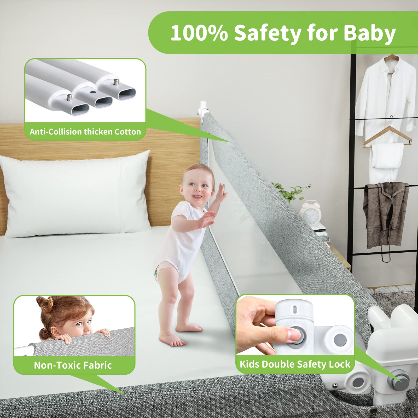 Melafa365 Adjustable Toddler Bed Rails - Safety Guard for Twin, Full, Queen & King Size Beds (Gray, 59