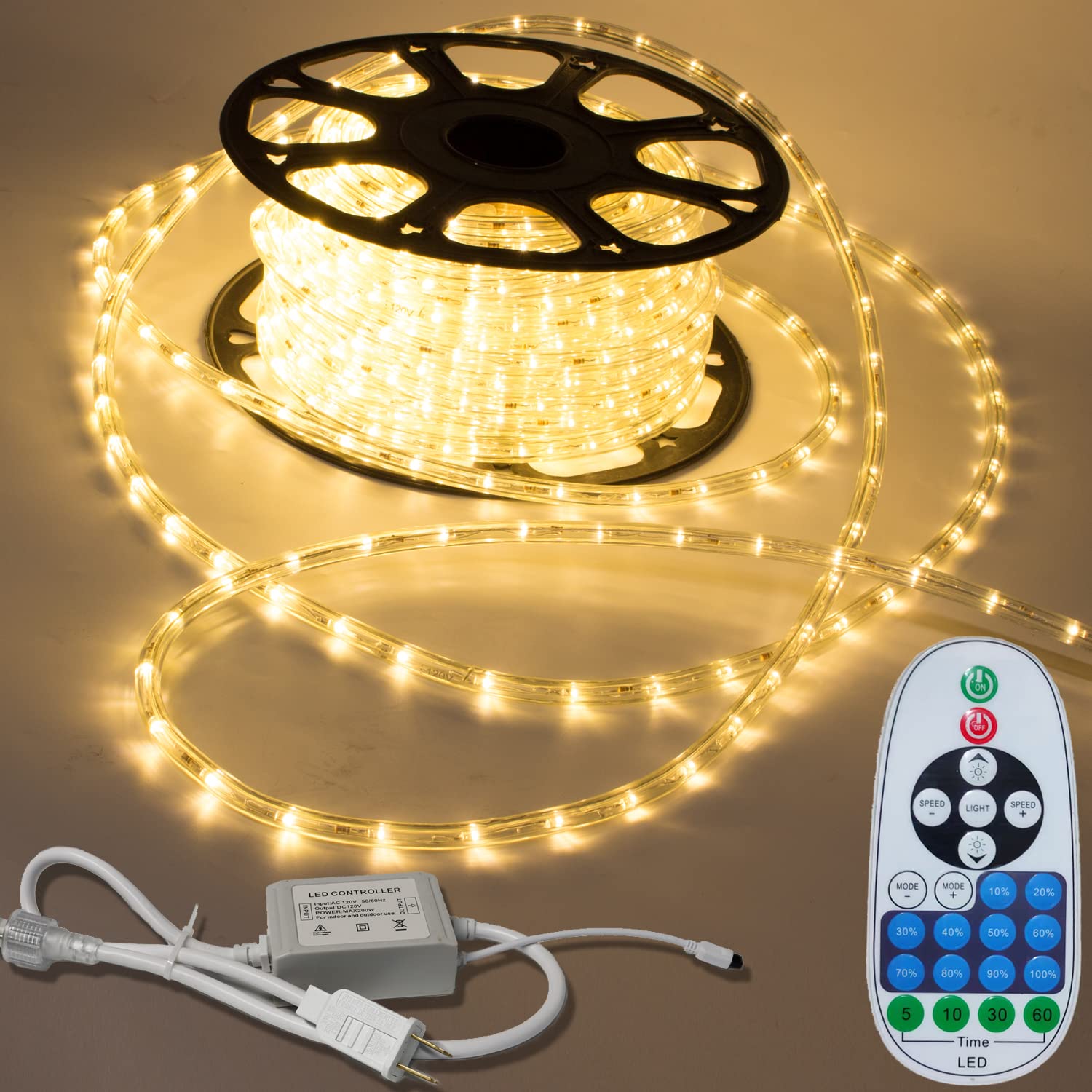 66ft Warm White LED Rope Lights with Remote - Cuttable & Connectable, Adjustable Brightness & 8 Dynamic Modes - Waterproof Indoor/Outdoor String Lights for Patio, Christmas, Wedding, Party & Home Decoration