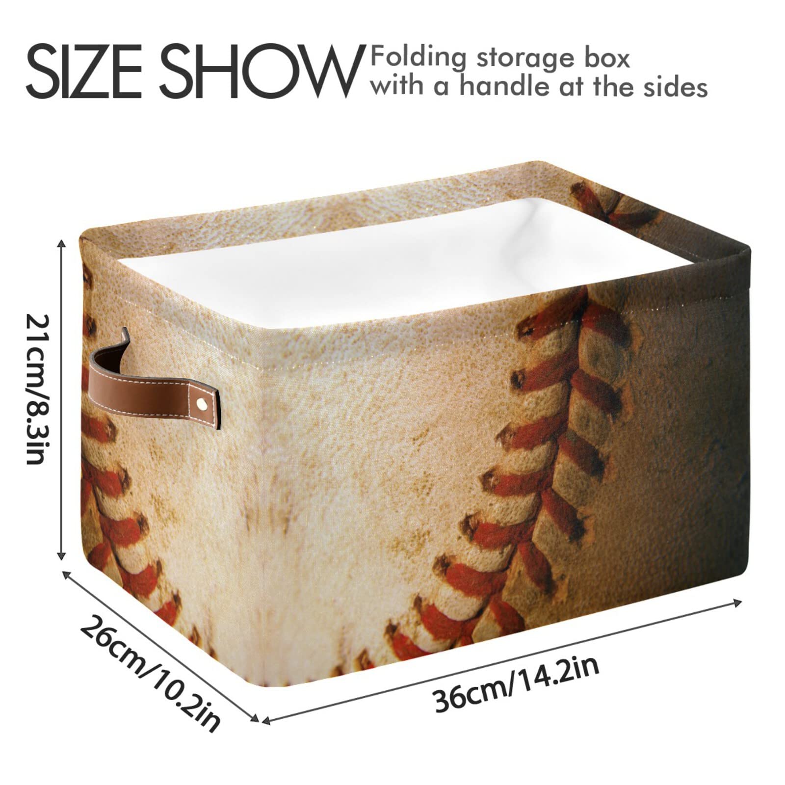 Collapsible Rectangular Storage Basket with Leather Handles - Foldable Organizer Bin for Baseball Gear, Office Supplies & Home Shelves | Perfect for Sports Equipment Storage & Clutter Organization