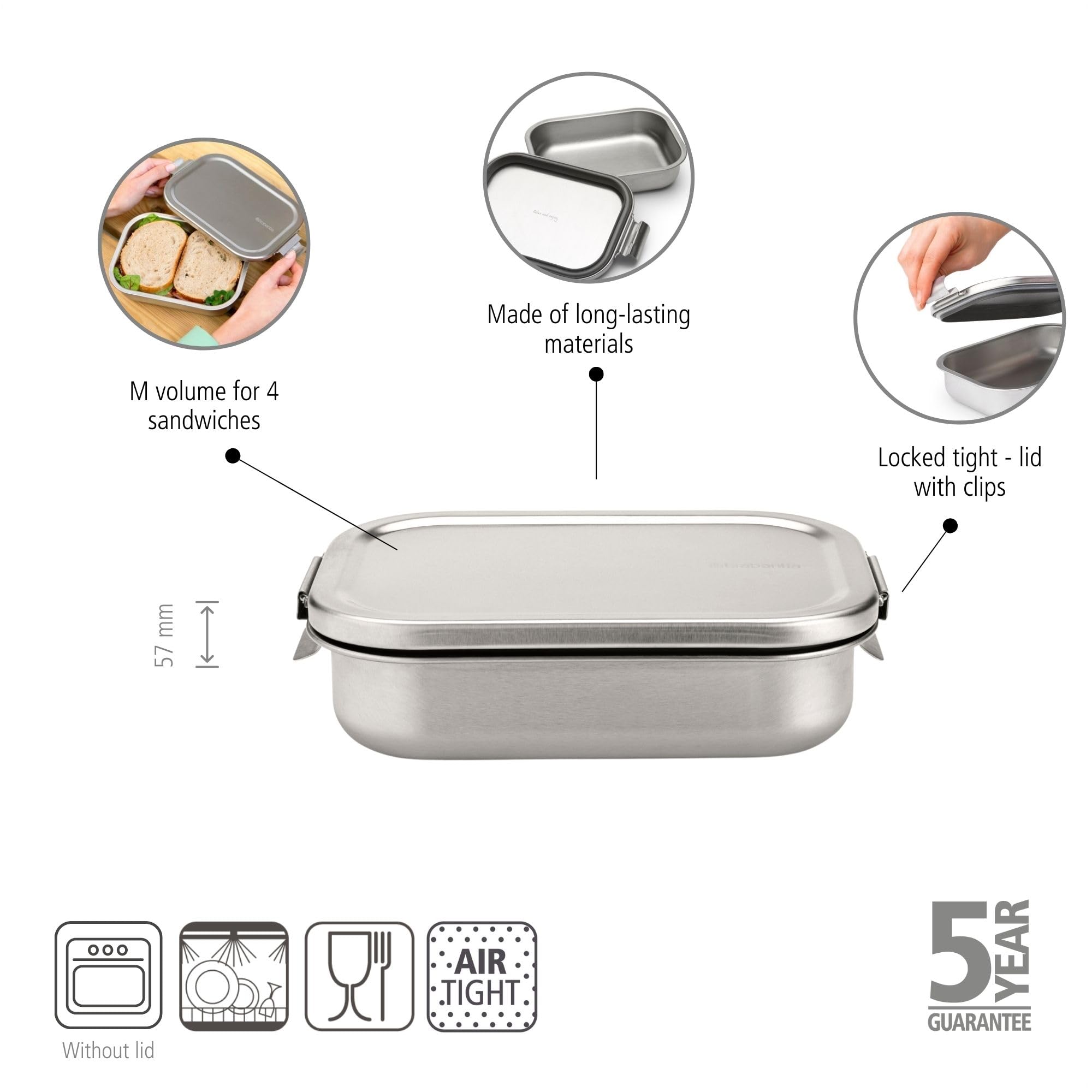 Brabantia Stainless Steel Lunch Box with Adjustable Divider - Eco-Friendly & Durable Sandwich, Wrap & Snack Container - Matte Steel Medium Size - Perfect for Office, School & Picnic Lunch Storage