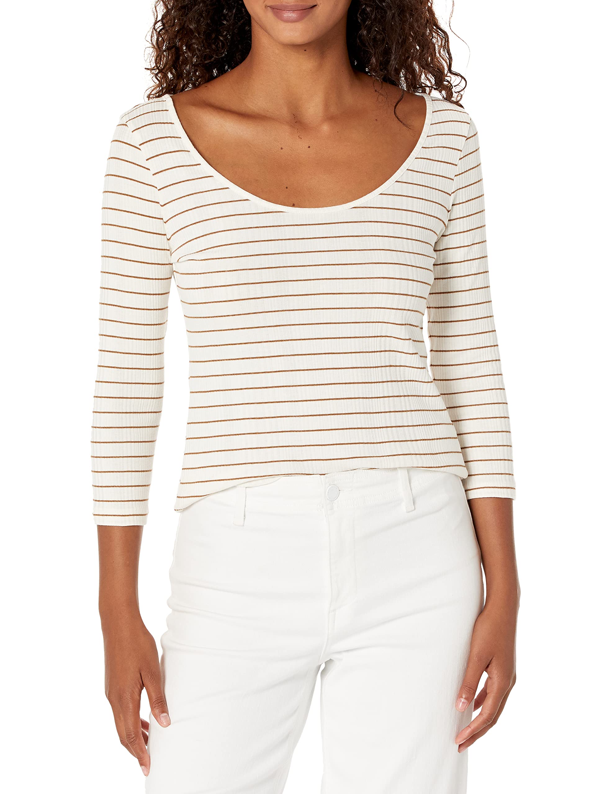 Vince Women's Striped Rib Long Sleeve T-Shirt - Soft Cotton Crewneck Top for Casual Wear & Layering