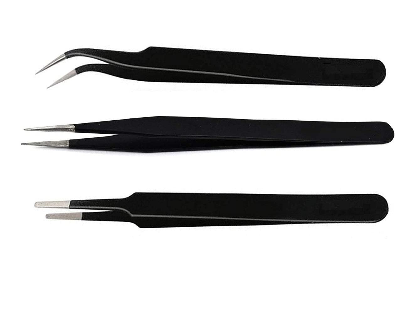 Vadda Bai Set of 3 ESD Safe Stainless Steel Black Coated Tweezers - Curved, Flat & Pointed Tips for Electronics Repair, Jewelry Making, Crafts & Lab Work | Perfect for Eyebrow Hair Removal & Precision Tasks