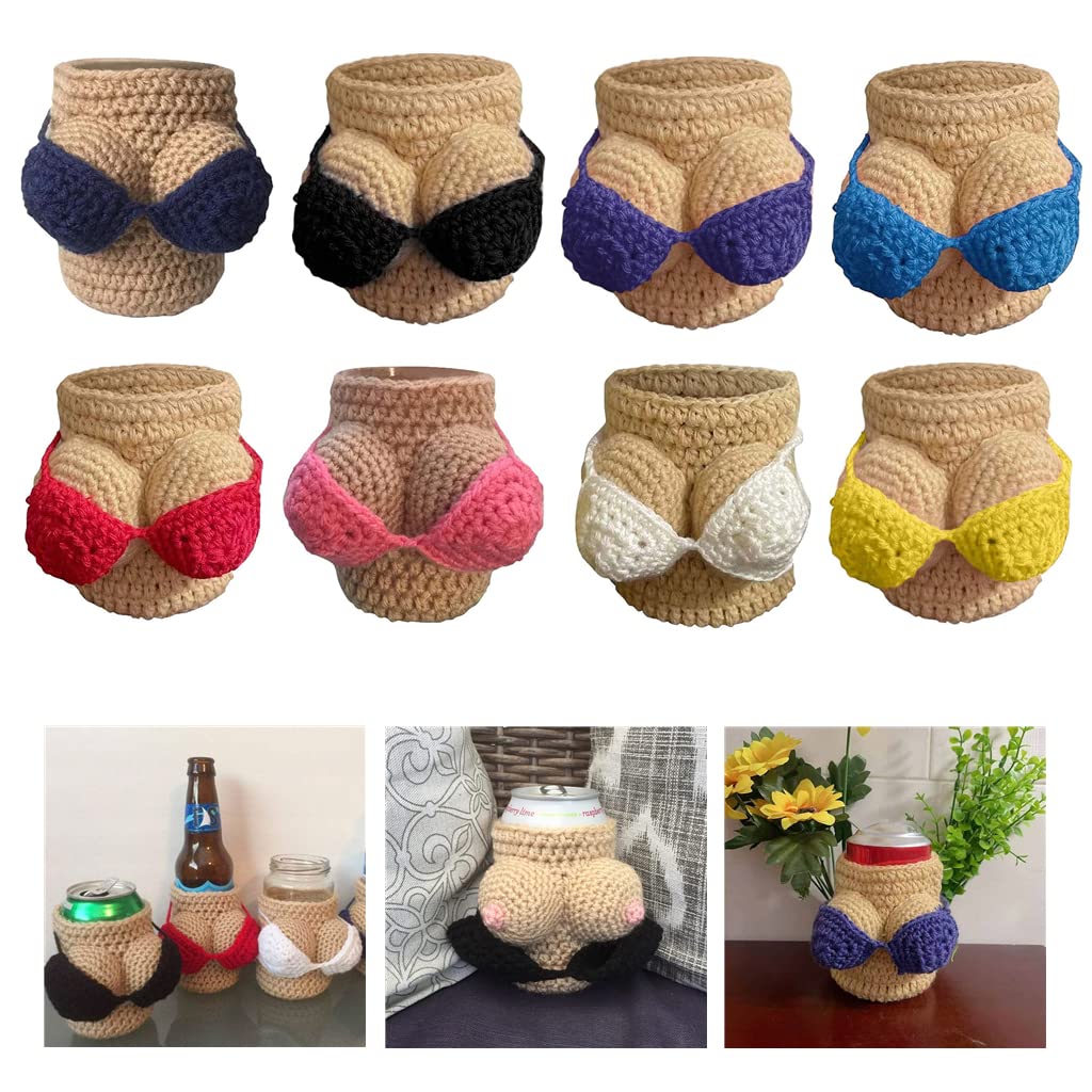 Sexy Crochet Bikini Top Beer Bottle Holder - Funny Wine Bottle Cover Set for Cocktails, Soda & Drinks - Perfect for Valentine's Day, Pool Parties & Beach Outings (8-Piece Set)