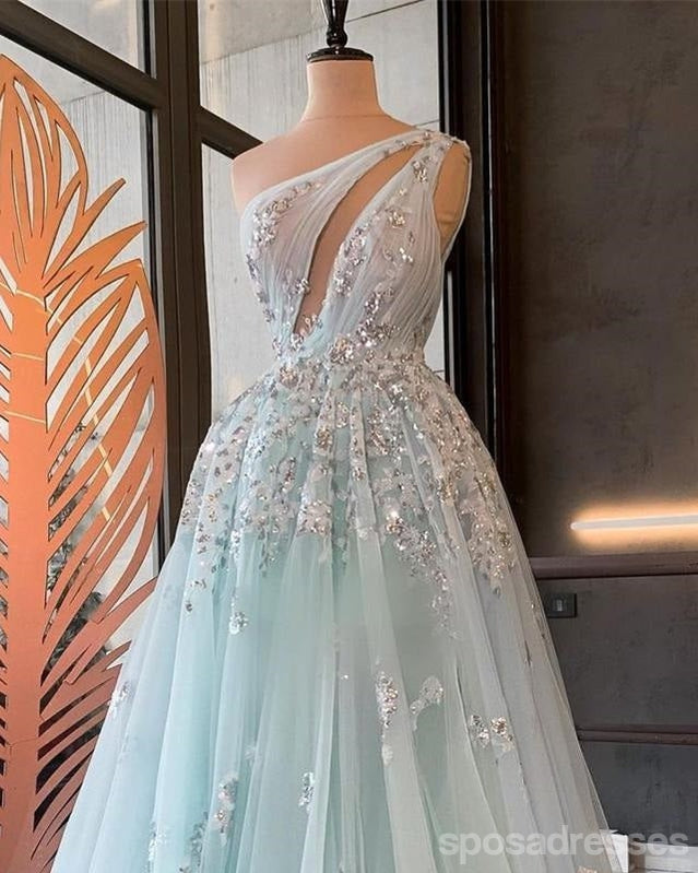 Elegant Light Blue A-Line One Shoulder Maxi Long Prom Dress for Women - Formal Evening Gown for Homecoming, Wedding, Party & Special Occasions