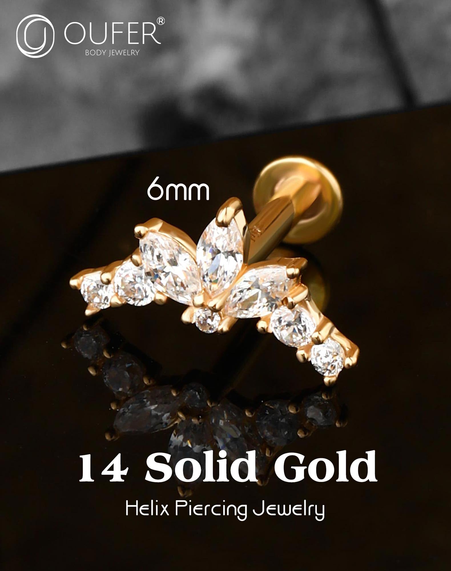 14K Solid Gold Helix Piercing Jewelry - Internally Threaded Cartilage Earrings with Clear CZ, Flat Back Labret Studs for Tragus, Conch & Lobe | Hypoallergenic Body Jewelry for Everyday Wear & Special Occasions