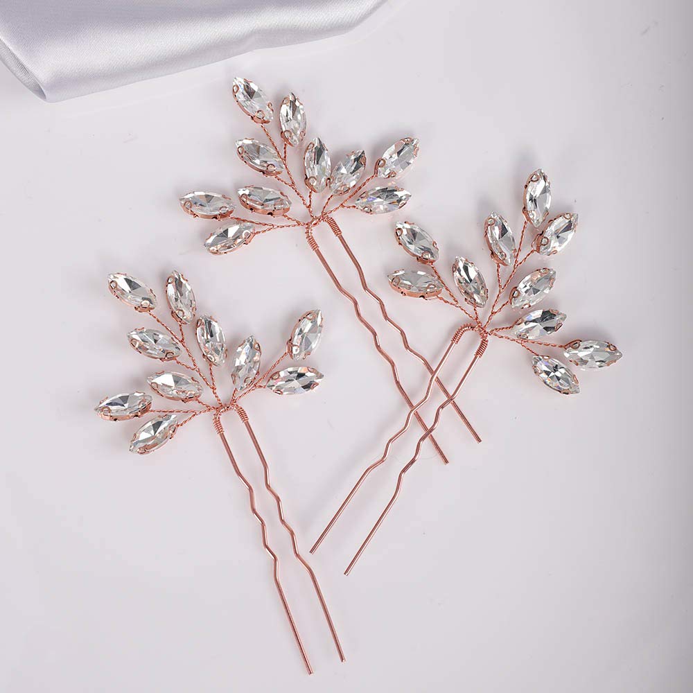 YERTTER 3-Piece Rose Gold Wedding Hair Pins Set - Faux Crystal Rhinestone Bridal Hair Clips for Bride & Bridesmaids - Perfect for Weddings, Prom, Parties & Special Occasions