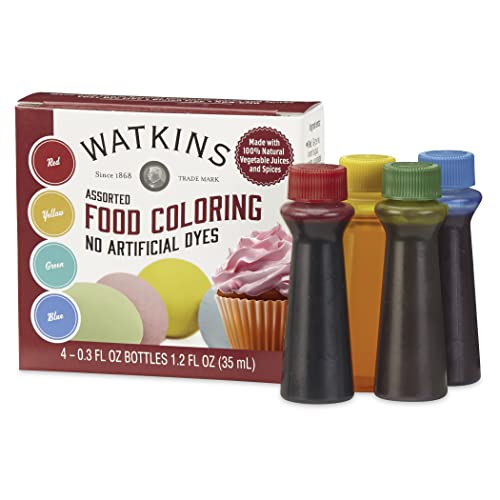 Watkins Assorted Food Coloring Set - 4 Bottles (Red, Yellow, Green, Blue) .3 oz Each - Perfect for Baking, Cake Decorating & DIY Crafts