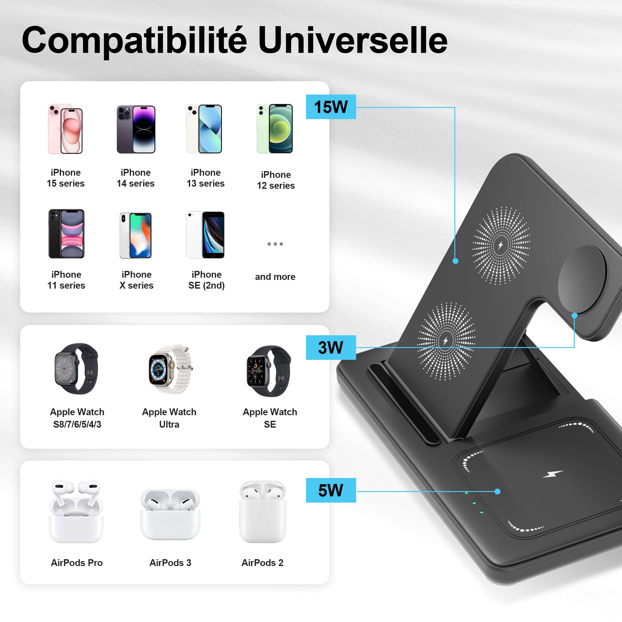 3-in-1 Magnetic Wireless Charger Stand - 15W Fast Charging for iPhone 16/15/14/13/12 Series, Apple Watch Ultra/SE/Series 9-3 & AirPods Pro/4/3/2 - Multi-Device Charging Station for Home, Office & Travel