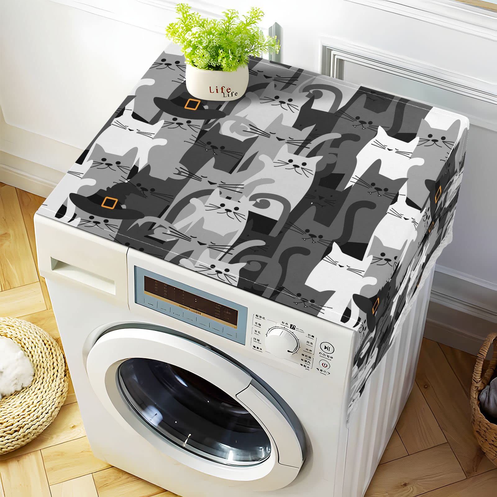 51''x22'' Funny Cute Cat Washing Machine Cover - Non-Slip Waterproof Washer Dryer Top Mat, Dust Proof Refrigerator Cover with 4 Storage Bags - Perfect for Front Load Laundry Rooms & Pet-Friendly Home Decor