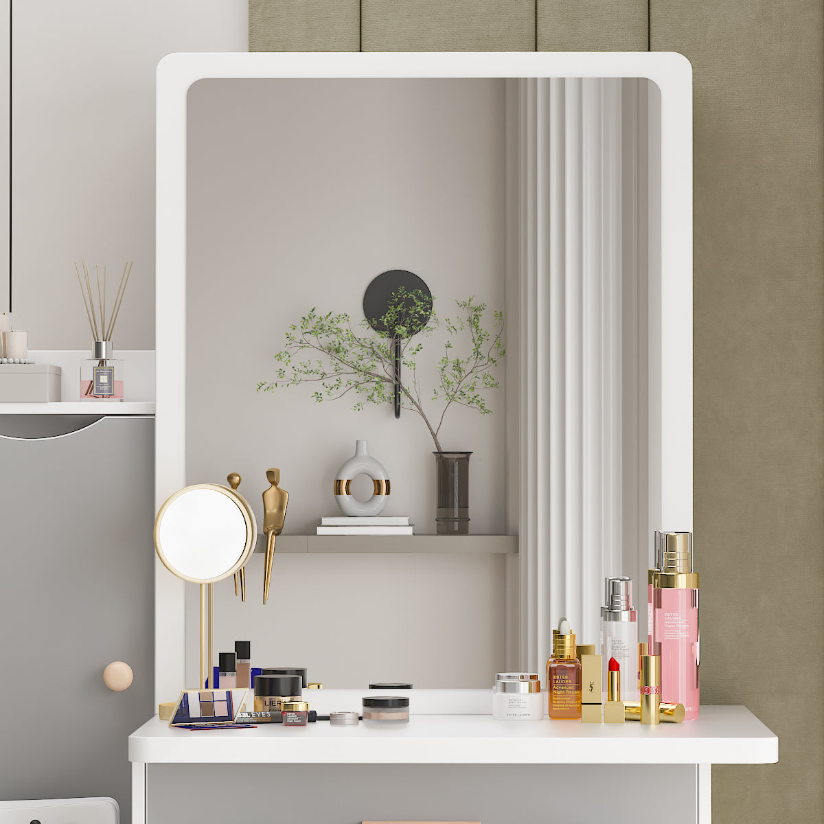 Vanity Set with Sliding Mirror, 4 Drawers & Shelves - Includes Cushioned Stool for Makeup & Dressing Room Organization - Perfect for Bedroom, Bathroom & Beauty Salon Decor