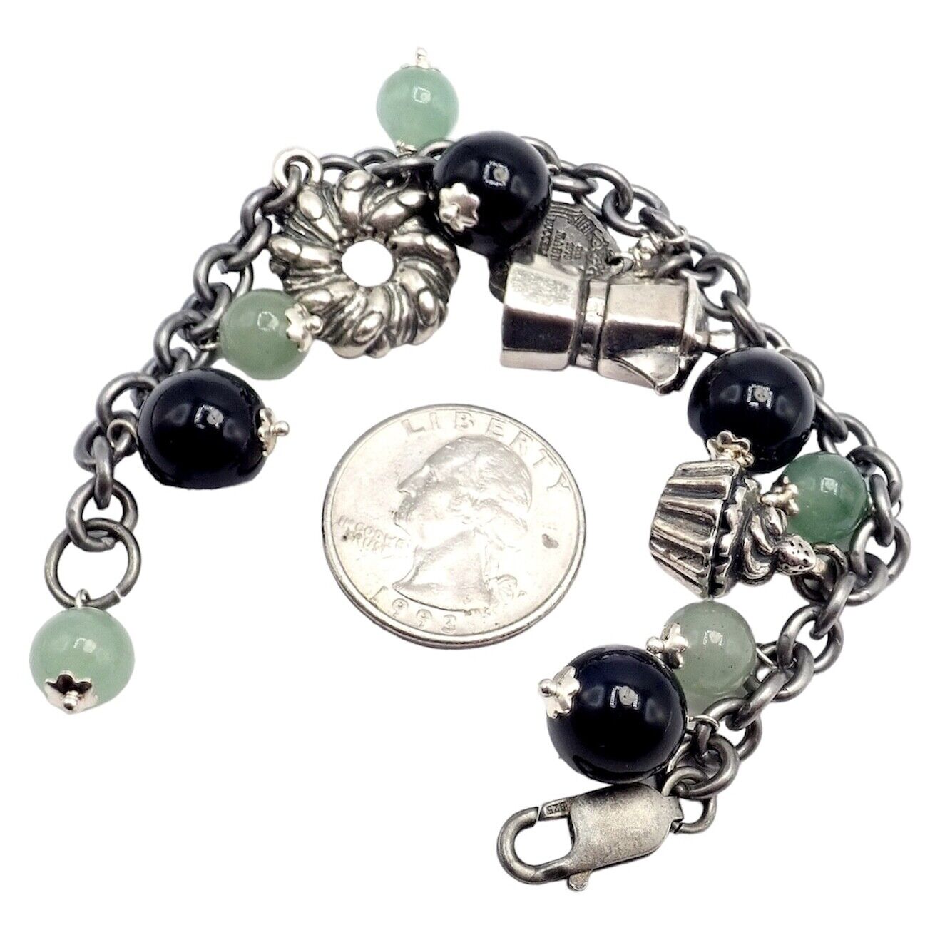 Vintage Mario Buccellati Sterling Silver Coffee Jadeite Onyx Beaded Charm Bracelet - Elegant Jewelry Gift for Women, Perfect for Parties, Weddings & Special Occasions