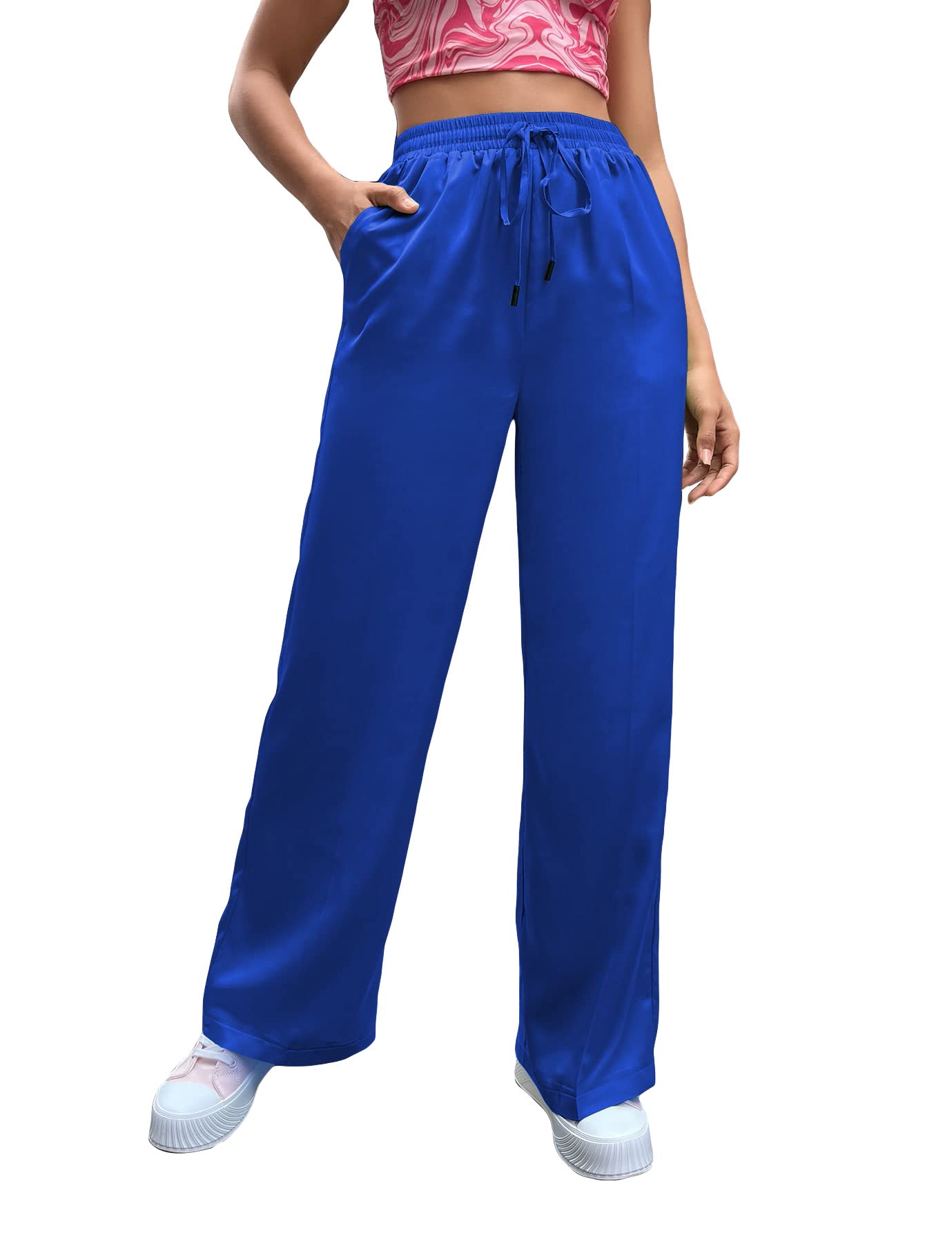 WDIRARA Women's Satin Palazzo Pants - High Waisted Wide Leg Trousers with Elastic Waist & Drawstring for Comfort | Perfect for Office, Travel, and Casual Wear