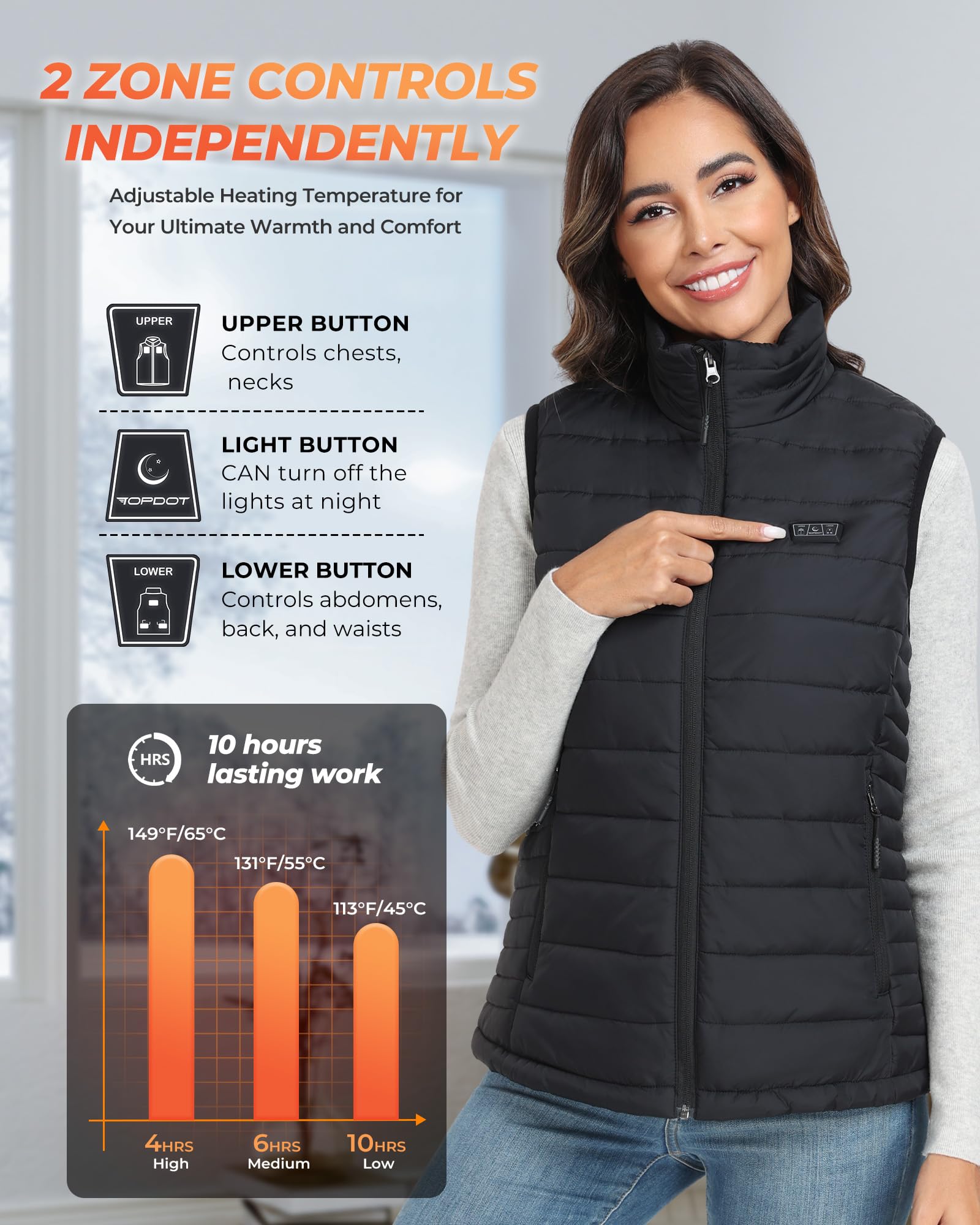 Topdot Women's Heated Vest with 16000mAh Battery - 8 Heating Zones, Lightweight & Warm Winter Jacket for Outdoor Activities, Hiking, and Cold Weather Commuting