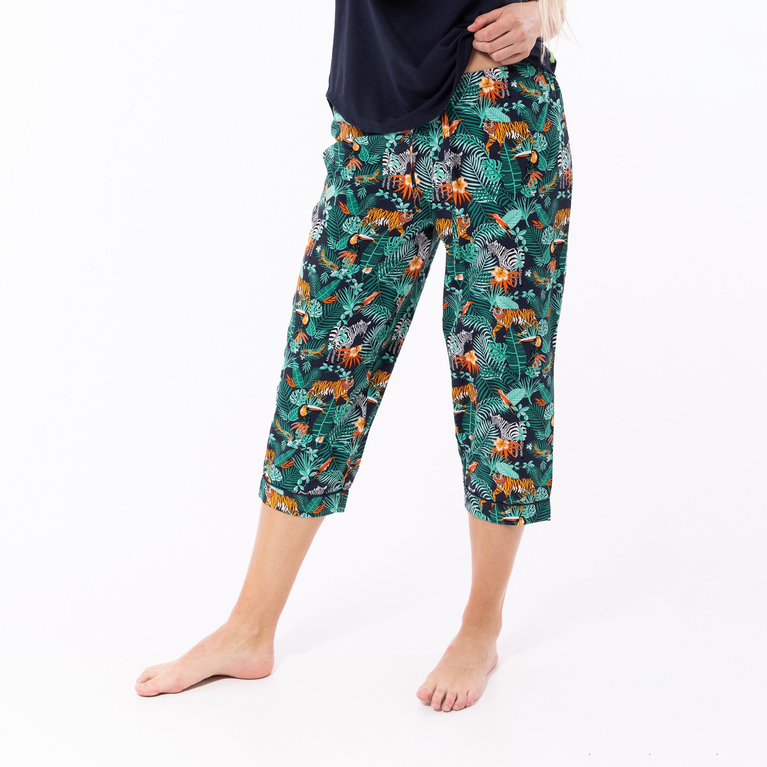 Women's Dark Jungle Print Woven Pants and Knit Tee Pajama Set - Navy Blue Sleepwear for Lounge & Comfortable Nightwear