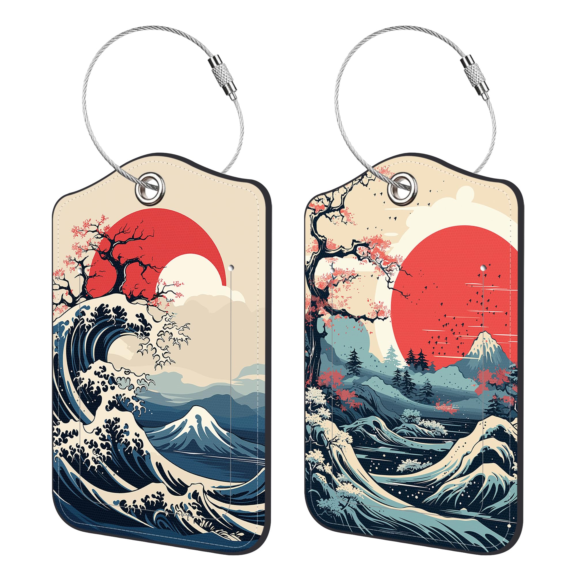 2 Pack Japanese Retro Mountain Moon Wave Leather Luggage Tags - Stainless Steel Loop ID Labels with Privacy Cover for Suitcases, Travel Bags & Cruise Luggage (Perfect for Adults & Teens Travel Accessories) - Ideal for Air Travel, Vacation Trips & Cruise Ship Identification