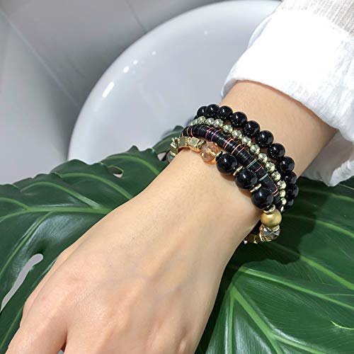 Boho Bracelets for Women - 5 Sets Multilayer Stackable Crystal Beaded Stretch Bracelets, Sparkly Beaded Jewelry Set for Casual Wear, Parties & Gift Giving