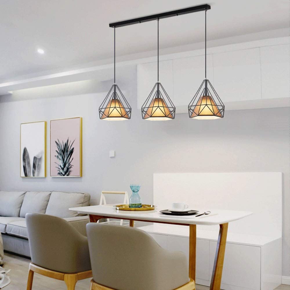 3-Light Wrought Iron Pendant Light Fixture with Wire Cage Lampshade - E27 Base Diamond Style Suspension Lamp - Nordic Minimalist Hanging Light for Dining Room, Kitchen Island, Balcony, Bar, Cafe & Bedroom (Black)