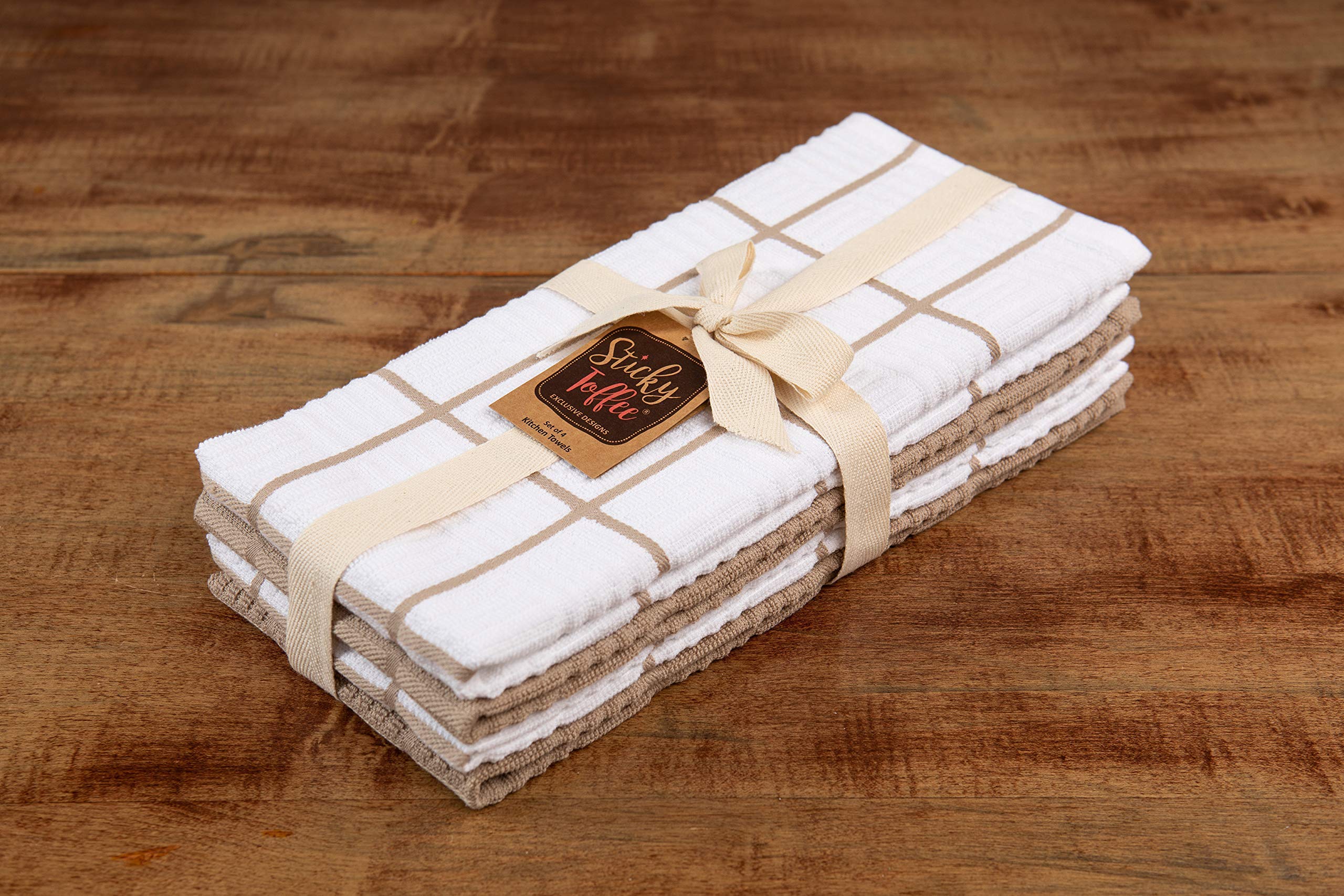 Premium 100% Cotton Kitchen Dish Towels Set of 4 - Absorbent & Reusable Tan & White Hand Towels, Tea Towels & Cleaning Cloths (28
