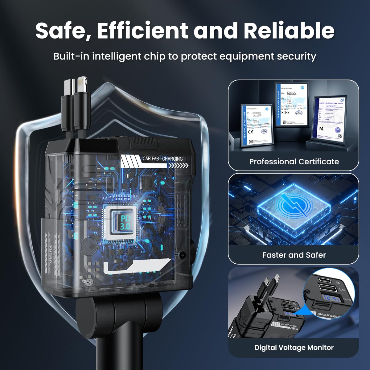 65W 4-in-1 Retractable Car Charger - Fast USB C Car Phone Charger Compatible with iPhone 16/16 Pro Max/15/15 Pro Max/14/13/12/11, Galaxy S23/S22/S21, Pixel 7/6 - Perfect for Road Trips & Daily Commutes
