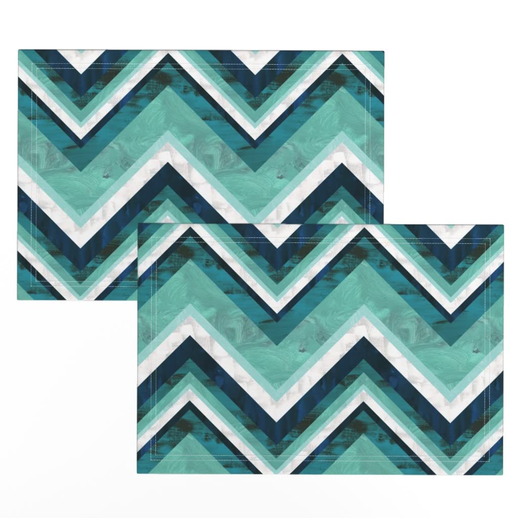 Premium Linen Cotton Canvas Placemats Set of 2 - Bohemian Chevron Ombre Green Print Table Mats for Dining, Kitchen & Nursery Decor - Washable & Durable Place Settings for Everyday Use