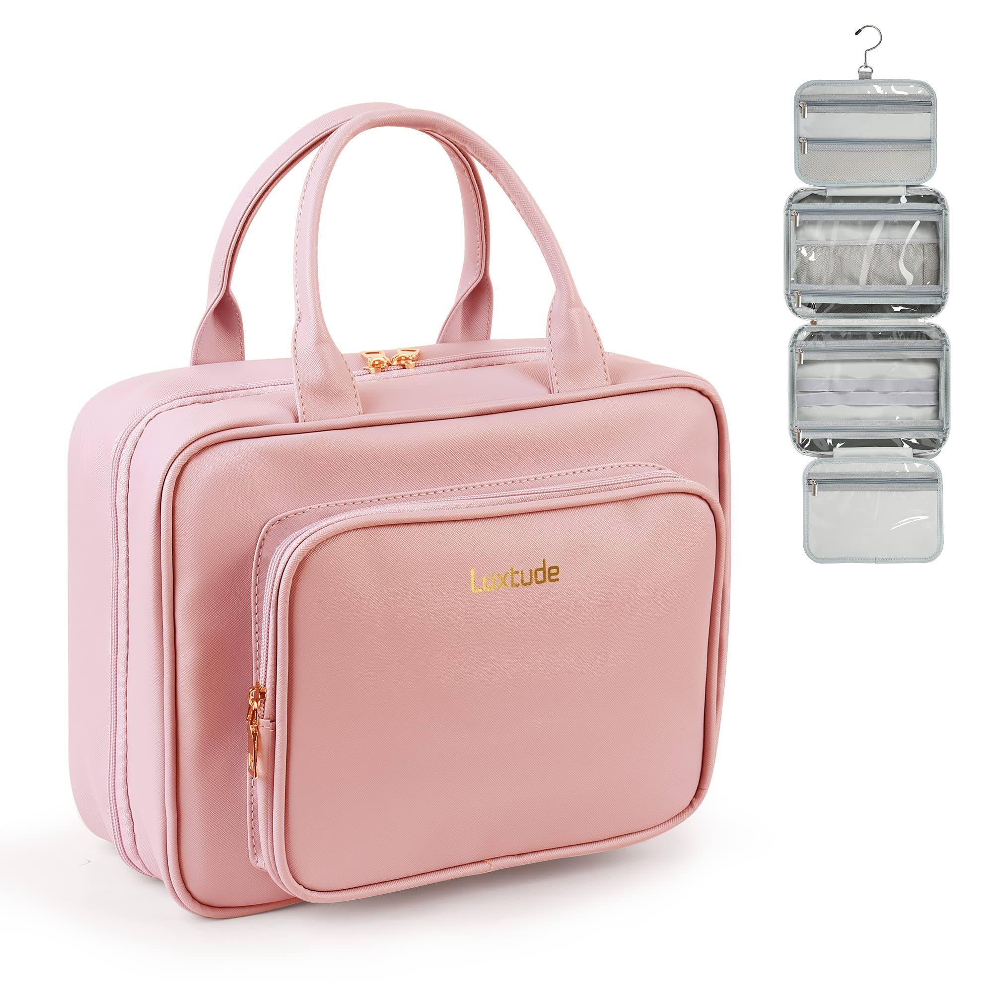 Luxtude Waterproof Leather Hanging Toiletry Bag for Women - Large Travel Makeup Organizer with 360° Hook - Perfect for Cosmetics, Bathroom Essentials & Shower Accessories | Ideal for Travel, Gym & Daily Use