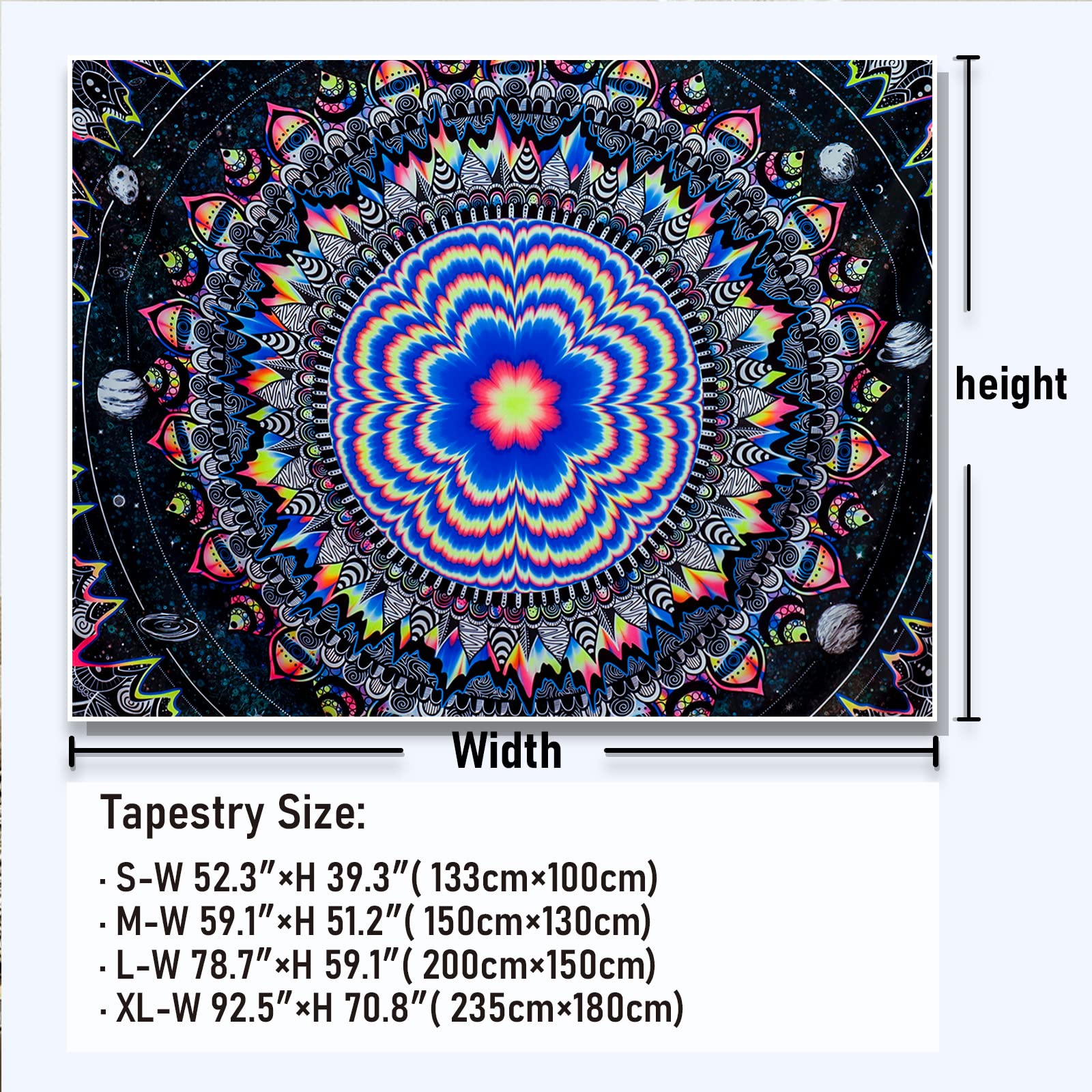 UV Reactive Trippy Mandala Tapestry - Blacklight Galaxy Stars Wall Hanging | Psychedelic Neon Bedroom Decor for Hippie Style & Glow Party | Perfect for Dorm Room, Music Festivals & Meditation Spaces
