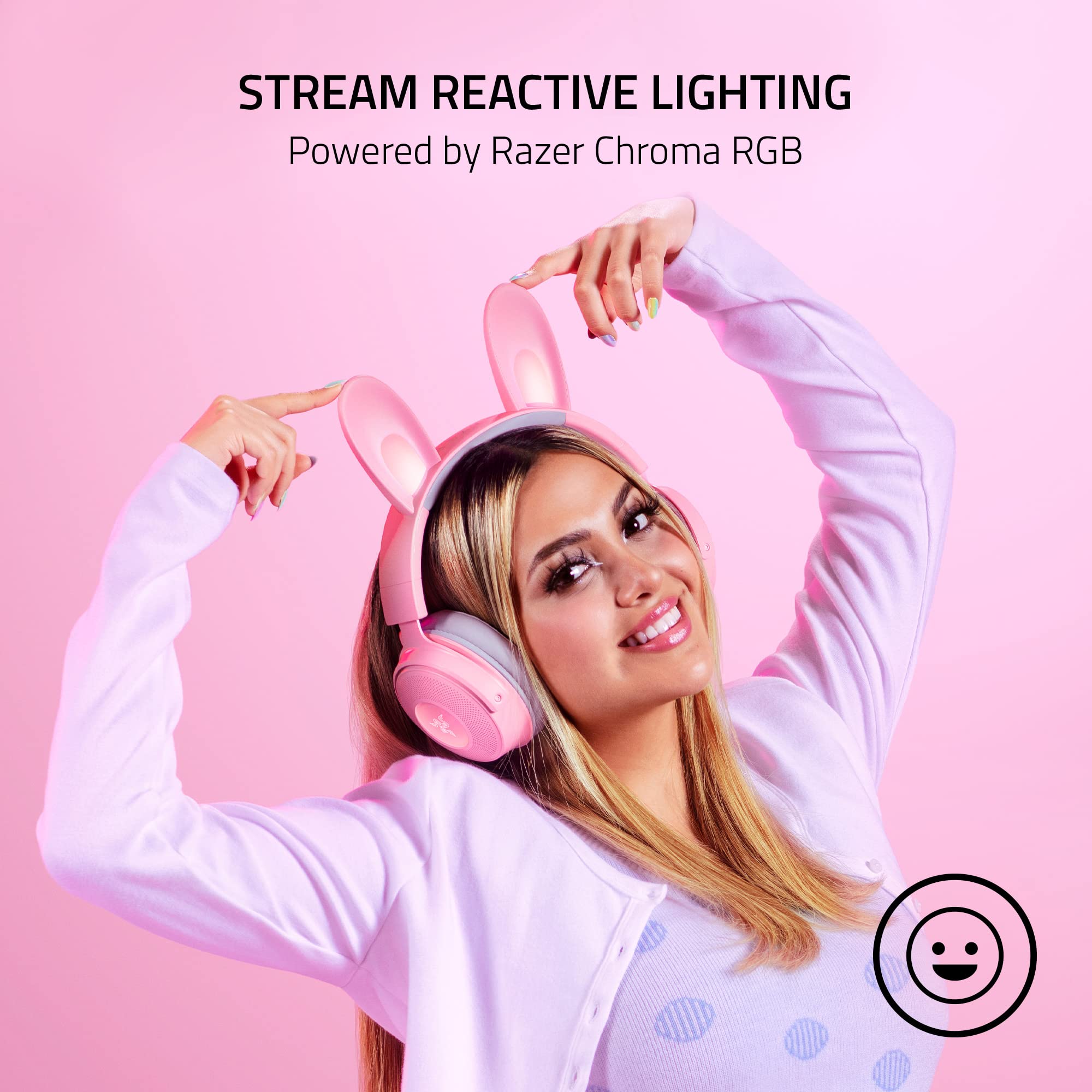Razer Kraken Kitty V2 Pro Wired RGB Gaming Headset with Interchangeable Ears (Kitty, Bear, Bunny) - Stream Reactive Lighting - Detachable HyperClear Cardioid Mic - 50mm Drivers - 7.1 Surround Sound - Quartz Pink - Perfect for Gaming, Streaming & Virtual Meetings