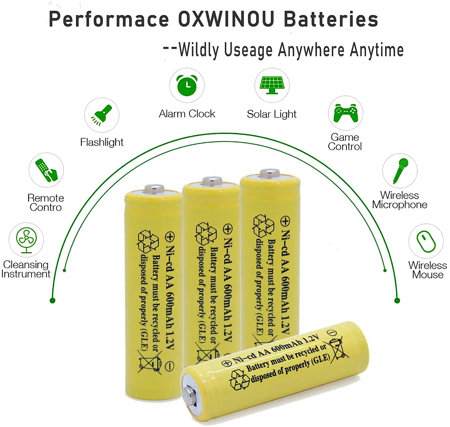 OXWINOU AA Ni-Cd 600mAh 1.2V Rechargeable Batteries (4-Pack, Yellow) - for Solar Lights, Garden Lights, Remote Controls, Computer Mice - Perfect for Outdoor & Home Use