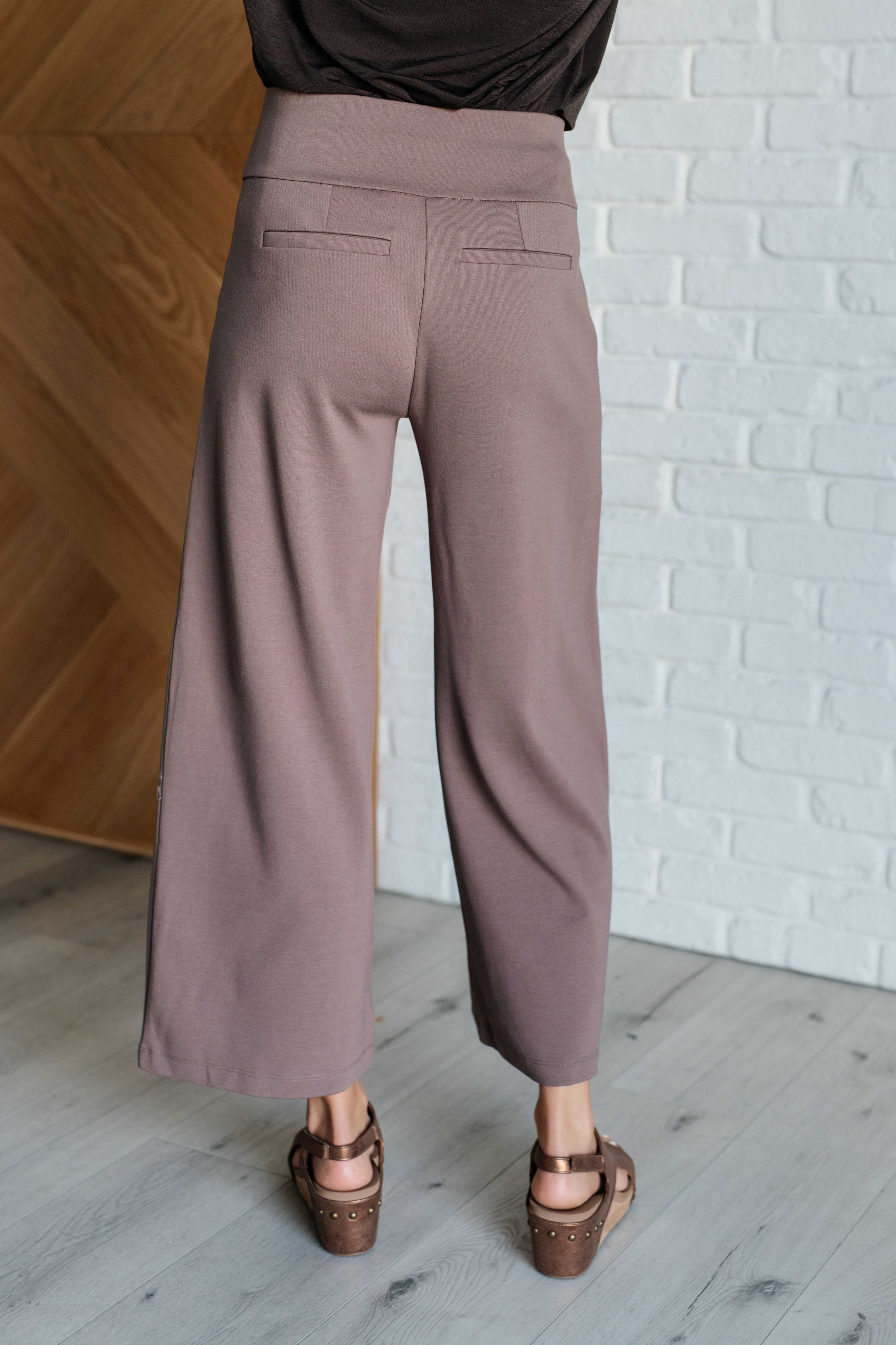 Magic Wide Leg Crop Pants in Dark Mocha - Women's High Waisted Stretchy Lounge Pants for Yoga, Travel & Casual Wear