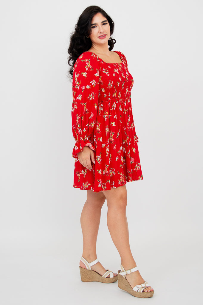 Eden Dress - Red Ditsy Floral Print Linen Bamboo Blend Summer Dress for Women | Perfect for Beach Vacations, Garden Parties & Casual Outings