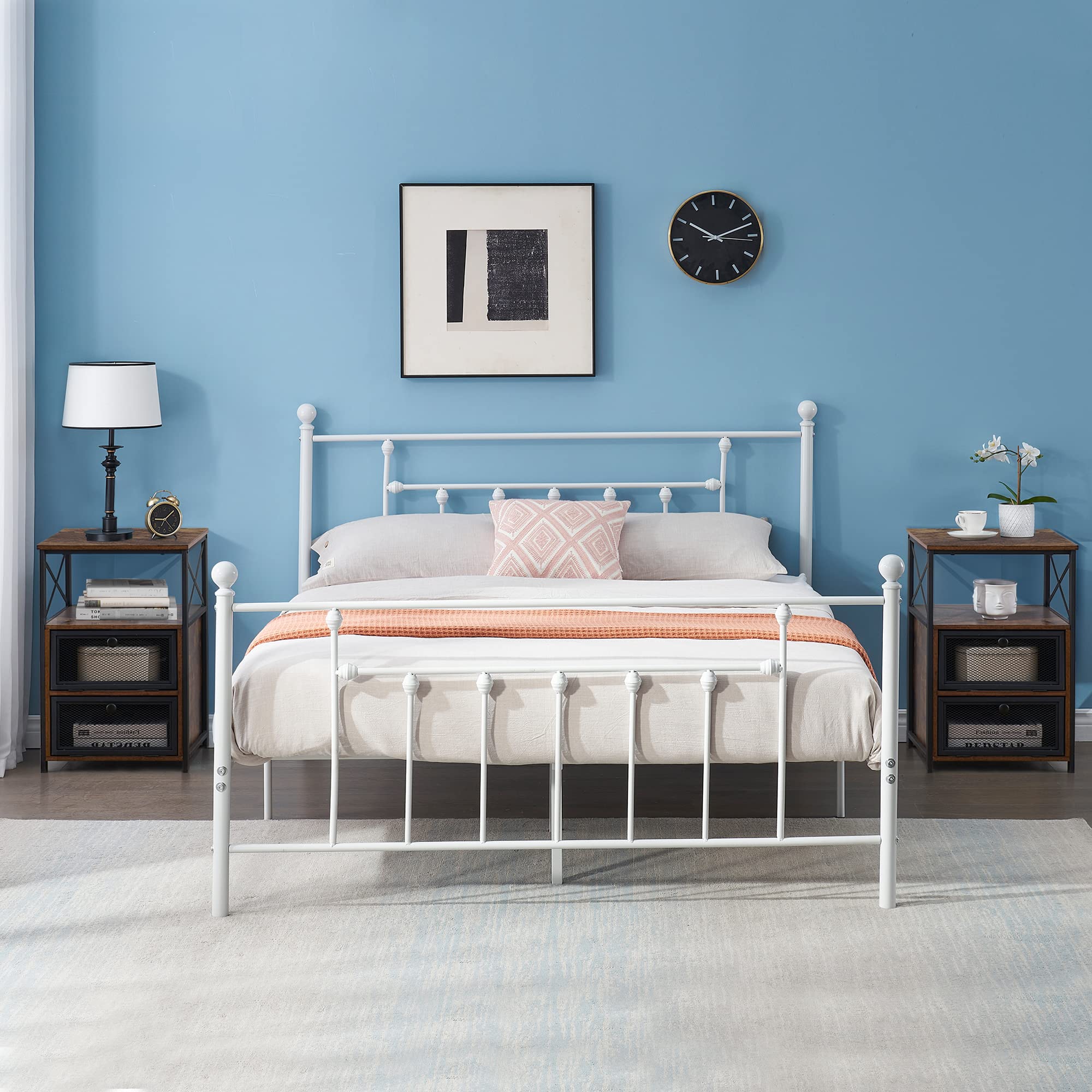 Queen Bed Frame with 2 Nightstands - Heavy Duty Metal Platform Bed Set with Storage Drawers, White & Brown Bedroom Furniture for Master Bedroom, Guest Room & Living Room