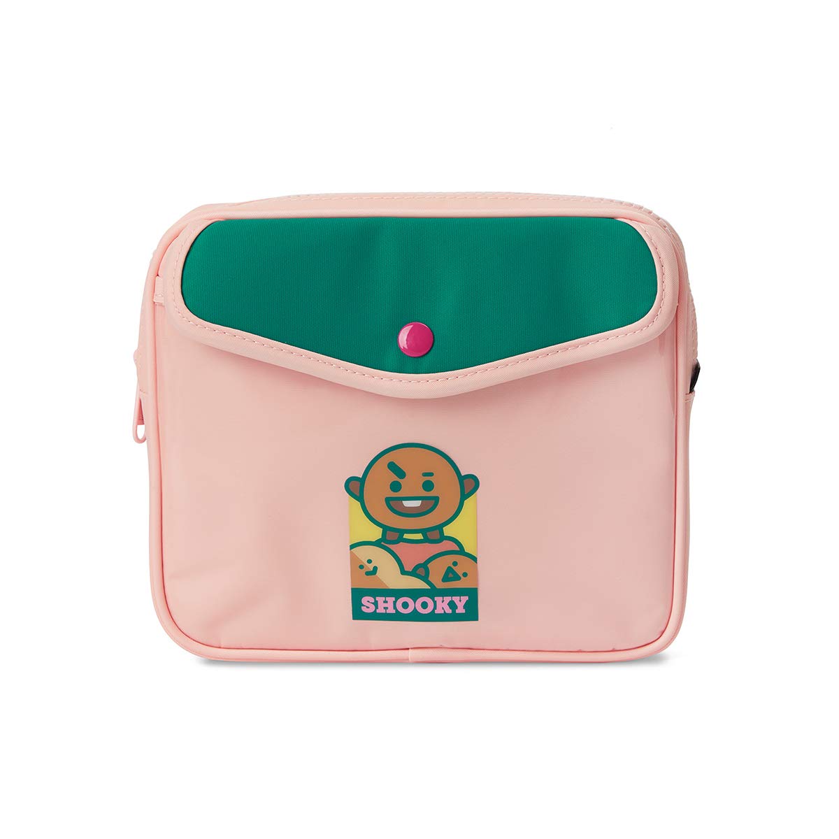 BT21 SHOOKY Character Makeup Bag - Waterproof Cosmetic & Toiletry Organizer for Travel - Pink & Green Cute Pouch for Women & Girls - Perfect for Gym, Vacation & Daily Essentials Storage