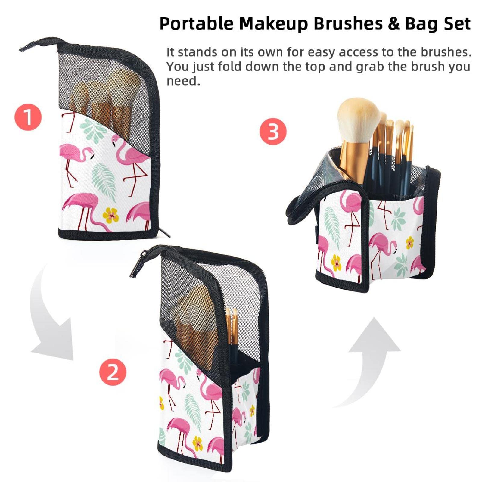 Portable Makeup Brush Organizer Bag with 12 Slots - Pink Flamingo & Palm Leaf Design, Travel Cosmetic Brush Holder Case for Makeup Artists & Beauty Lovers (Perfect for Travel, Home Vanity & Professional Makeup Kits)