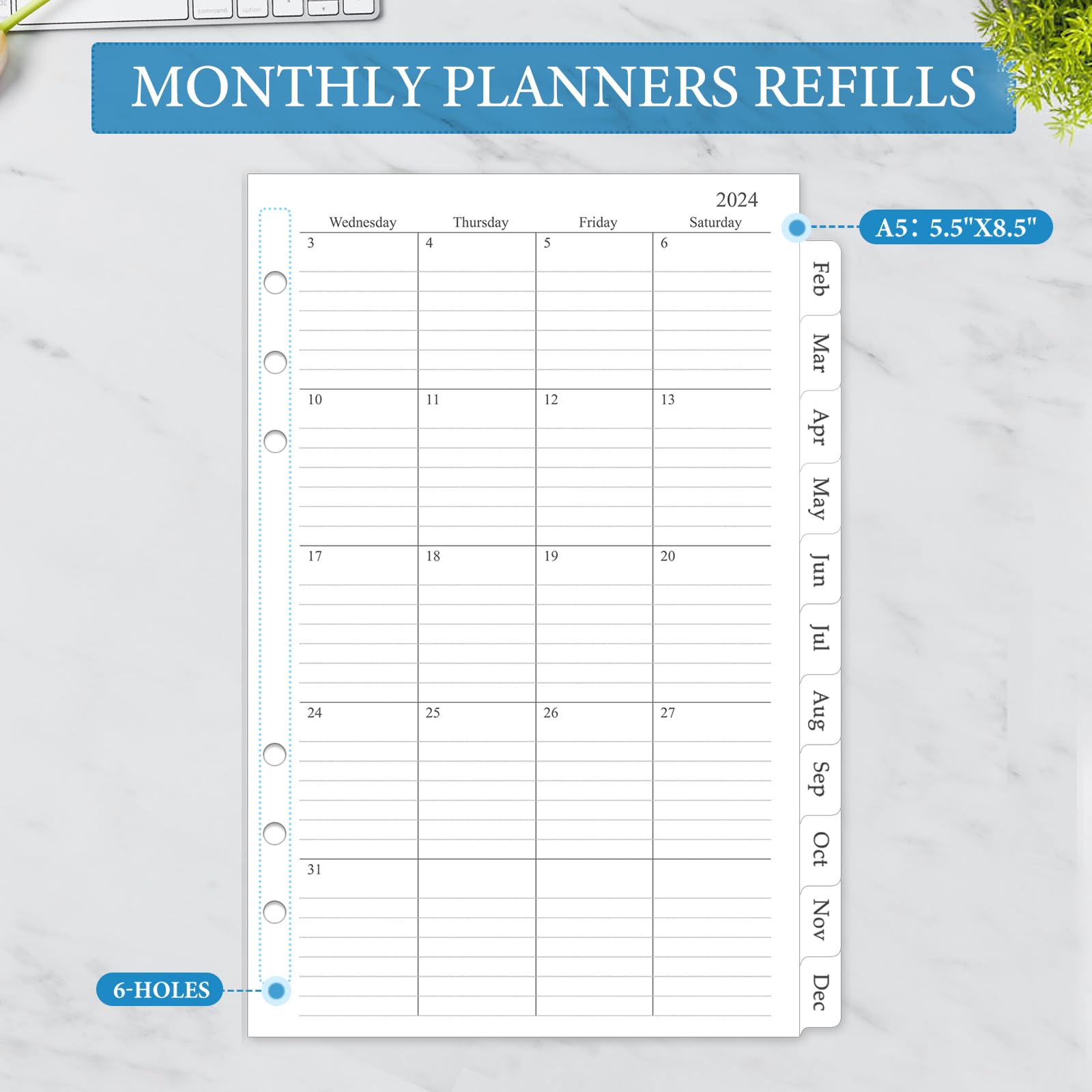 2024-2025 Monthly Planner Refill - A5 6-Hole Planner Inserts (Jan 2024-Jun 2025) | 18 Monthly Calendars with Tabs | 5.5